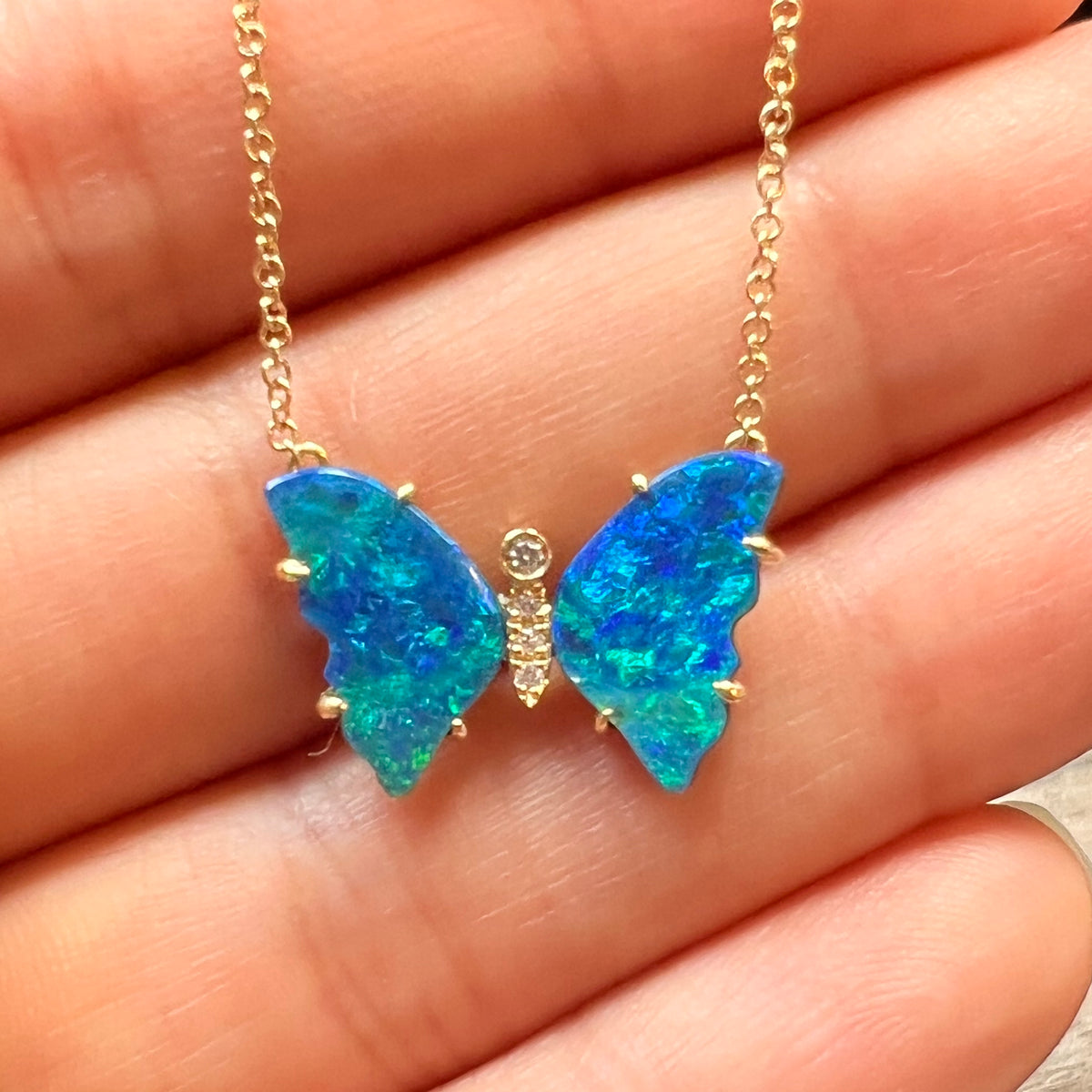 Mini pronged butterfly necklace boulder opal blue ocean