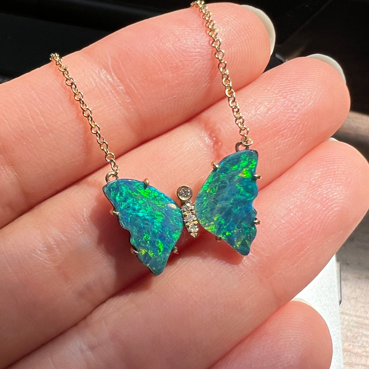 Mini pronged butterfly necklace boulder opal earth green 