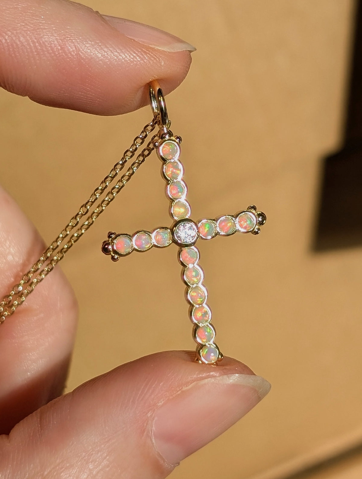 Opal Bezel Cross Necklace