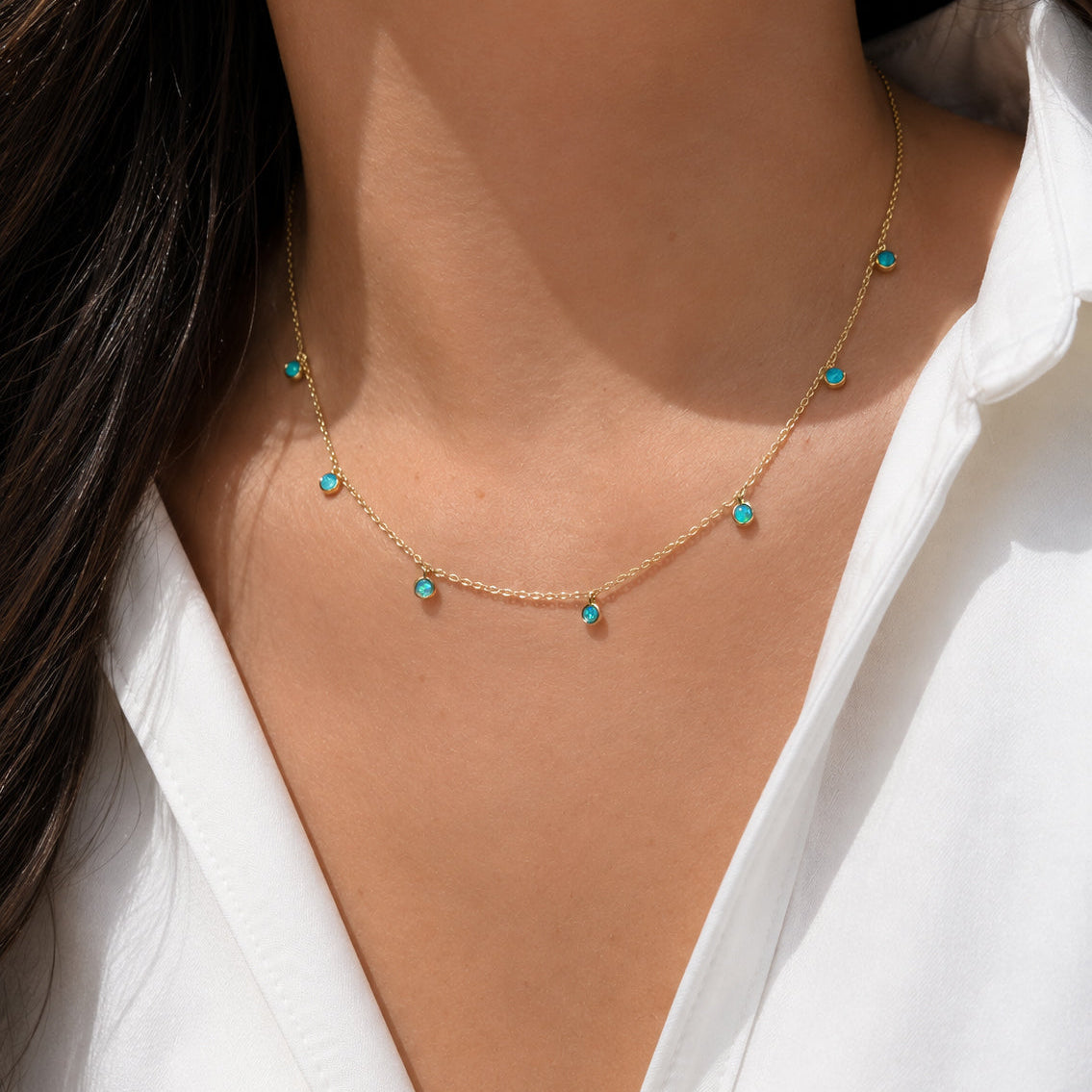 Opal Dew Drops Layering Necklace Blue Green Opal Gold