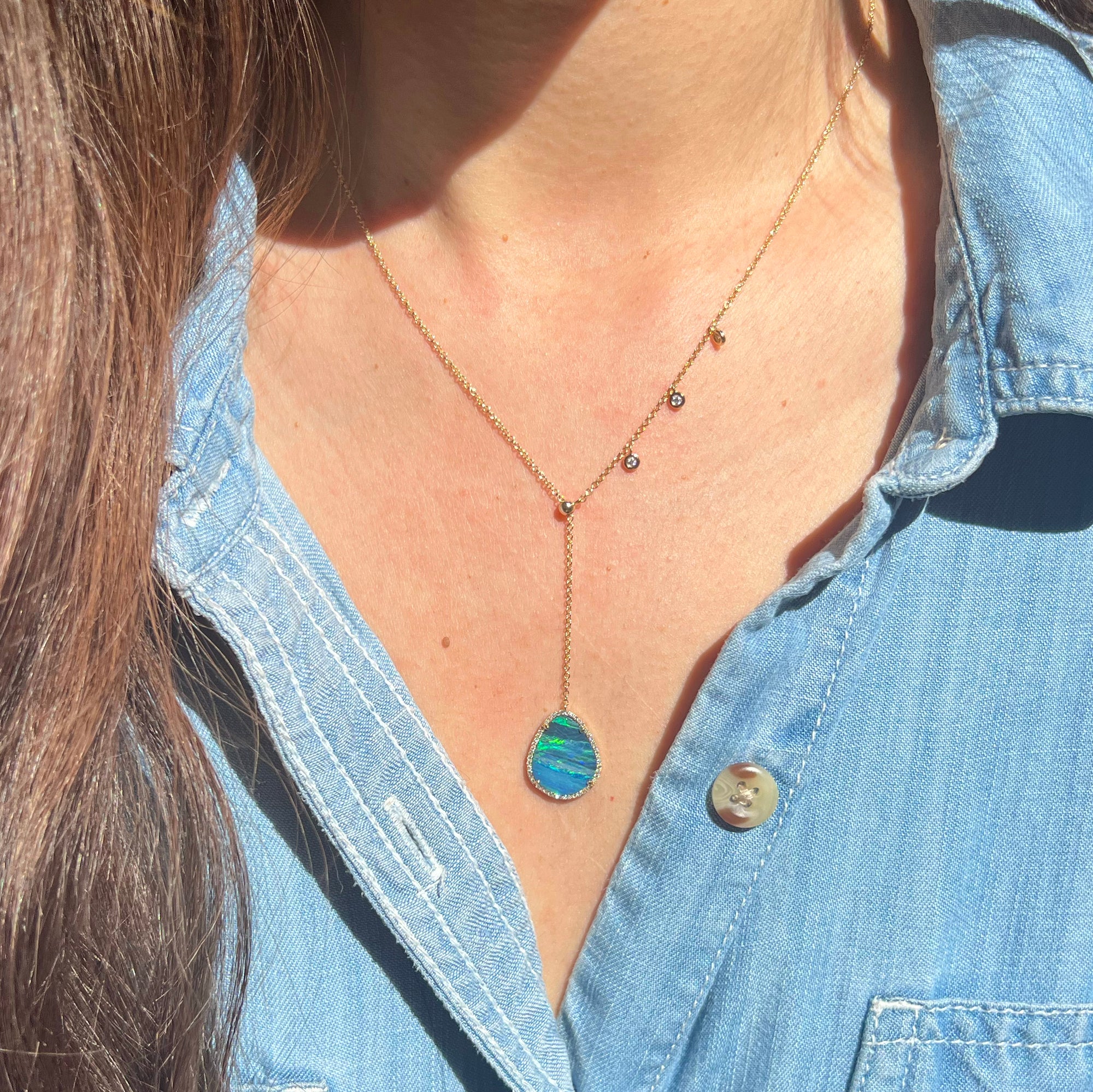 Boulder Opal Double Slider Lariat With Diamonds - Green