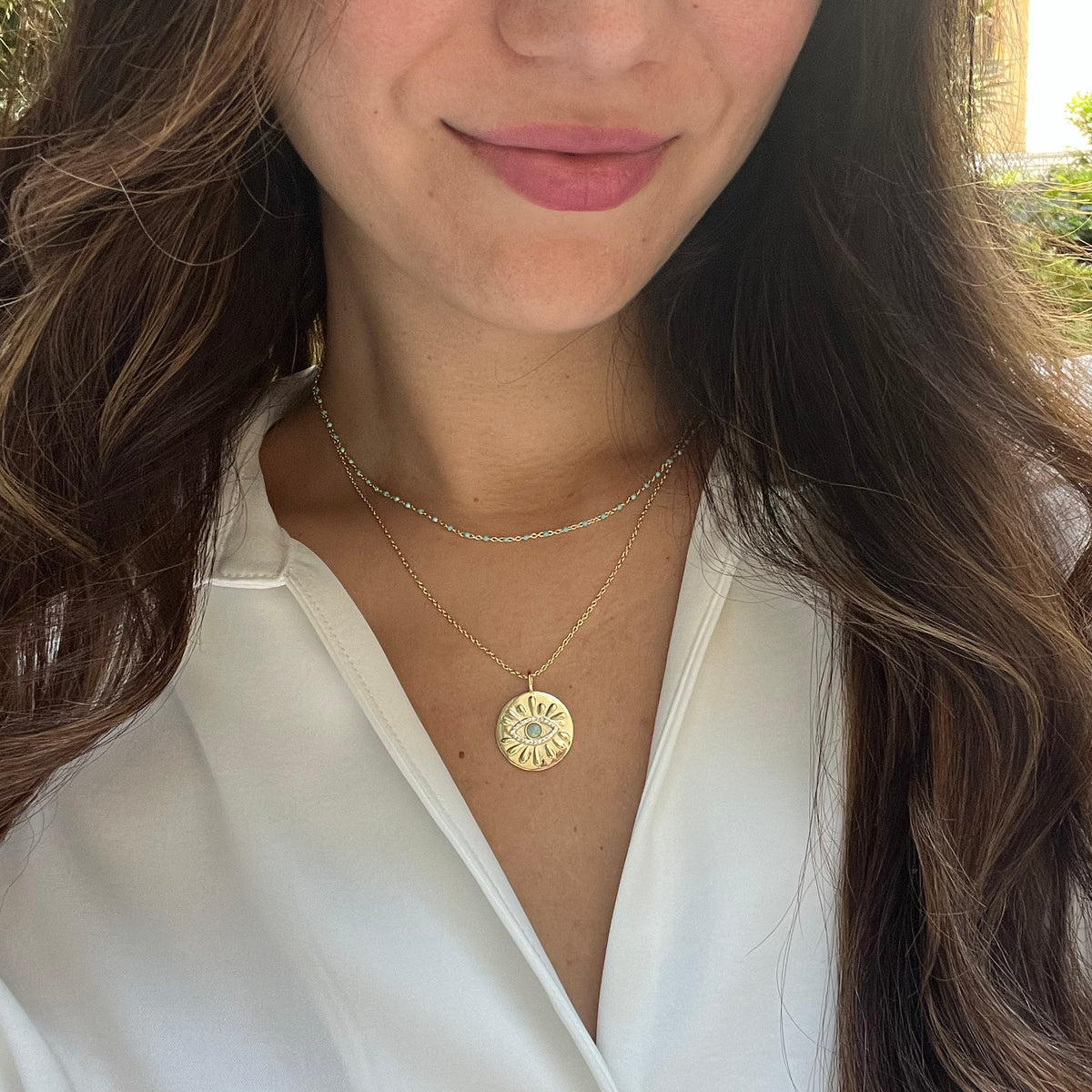 opal evil eye medallion necklace lifestyle layered enamel chain