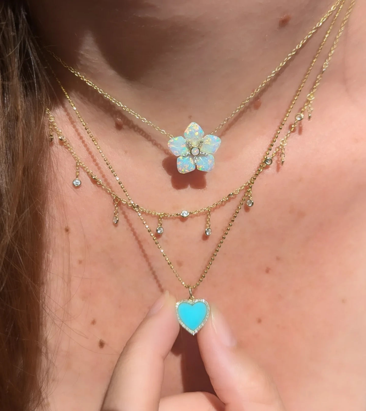 Carved Opal Flower Necklace With Crystals