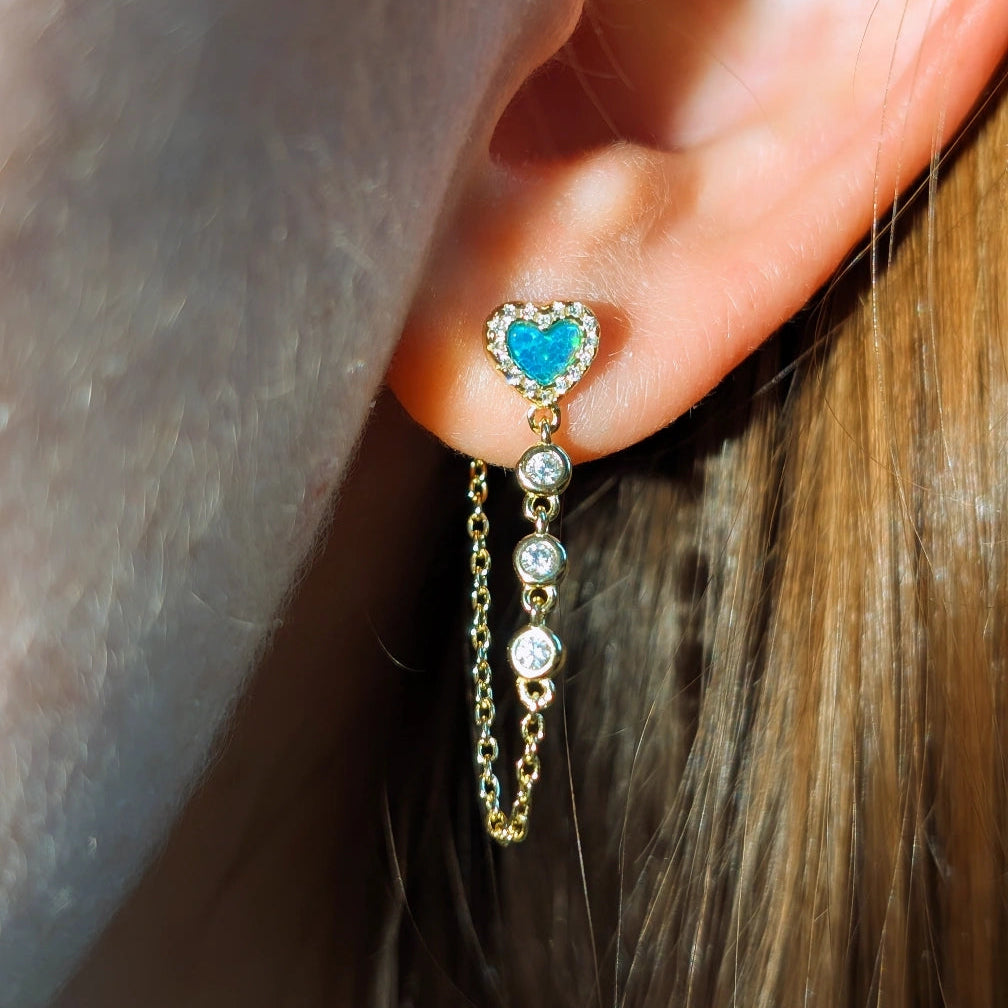 Heart Chain Stud Earrings With Crystals