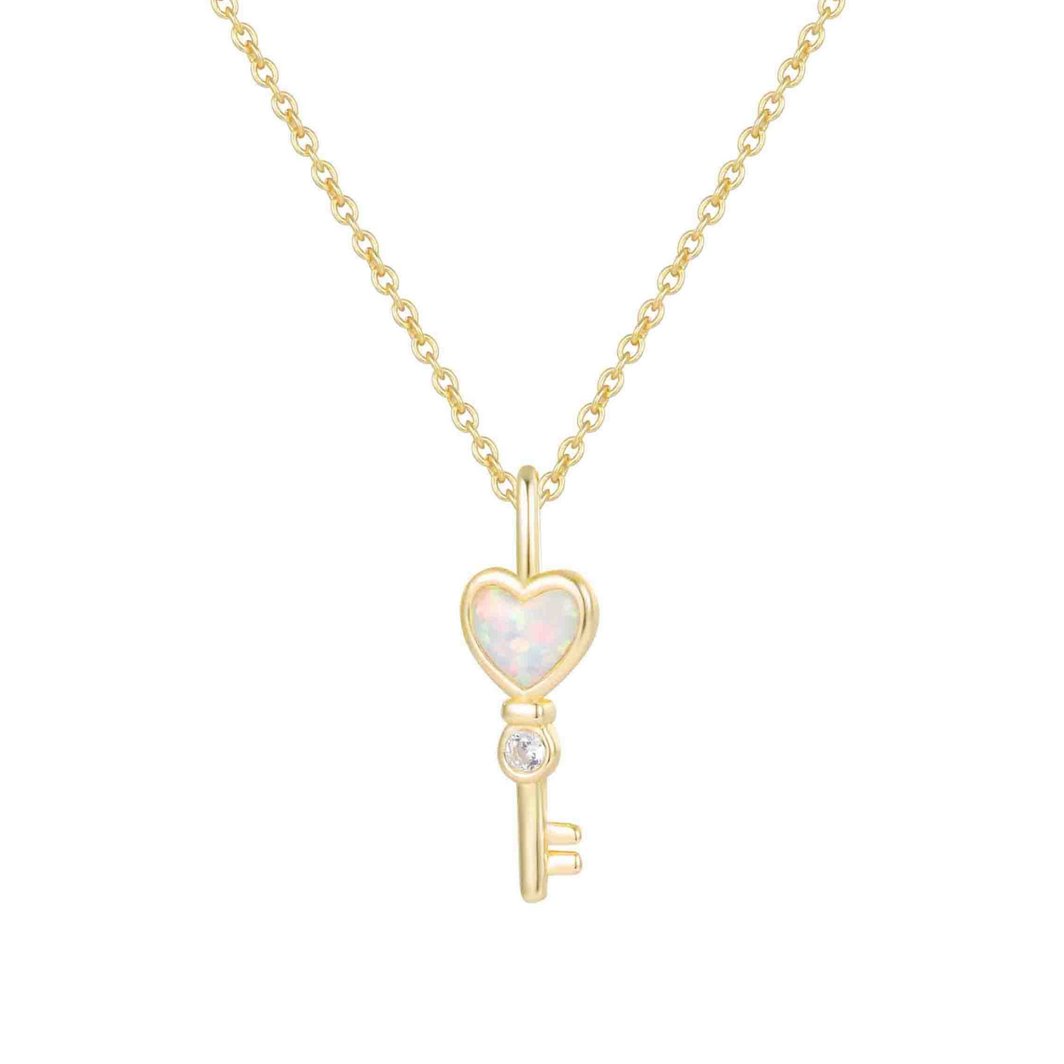 Opal Key Heart Charm Necklace