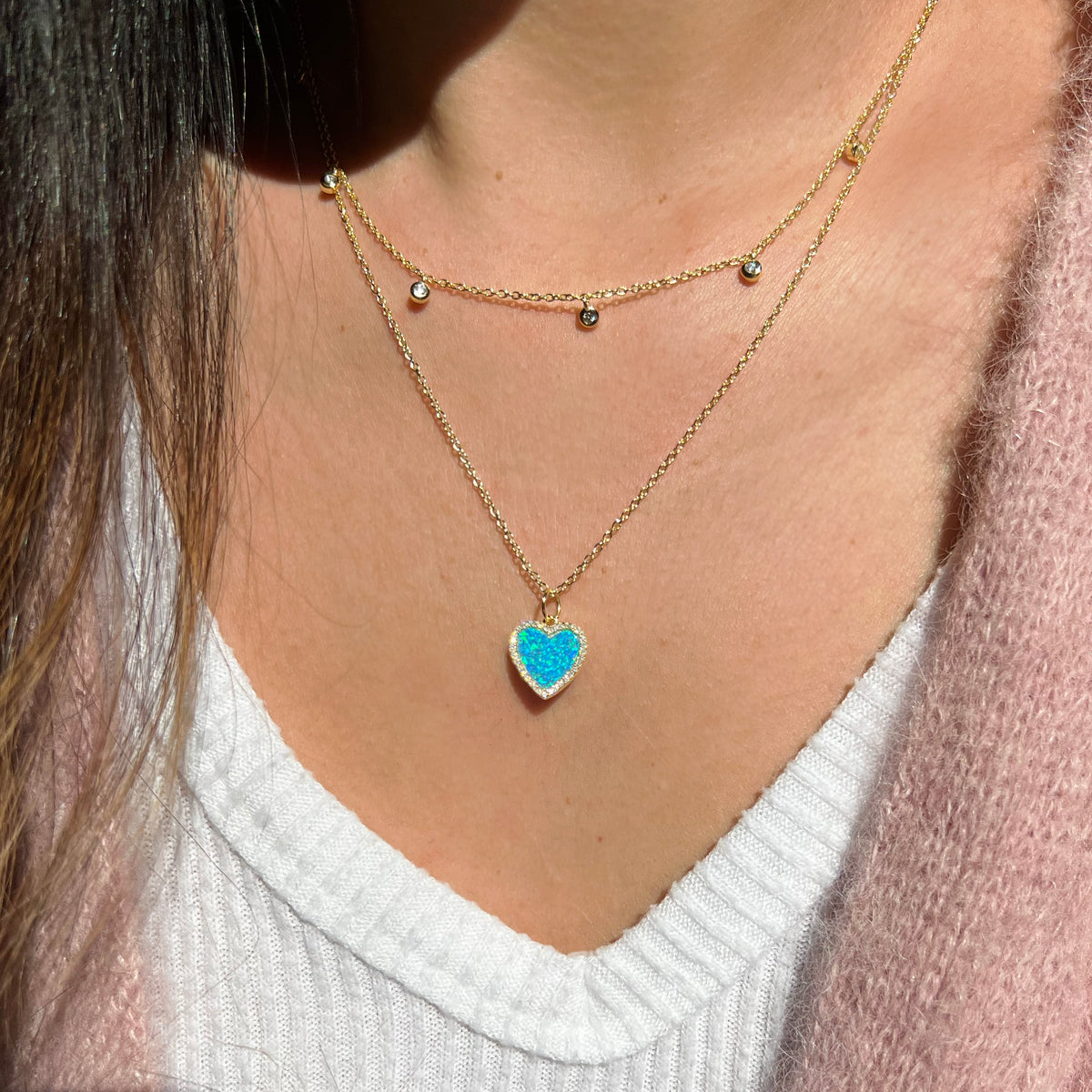 Opal Heart Necklace With Crystals blue opal