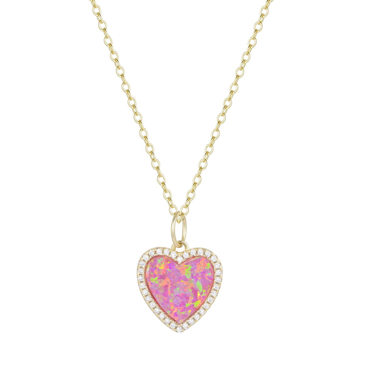 Opal Heart Necklace With Crystals Pink Opal Gold