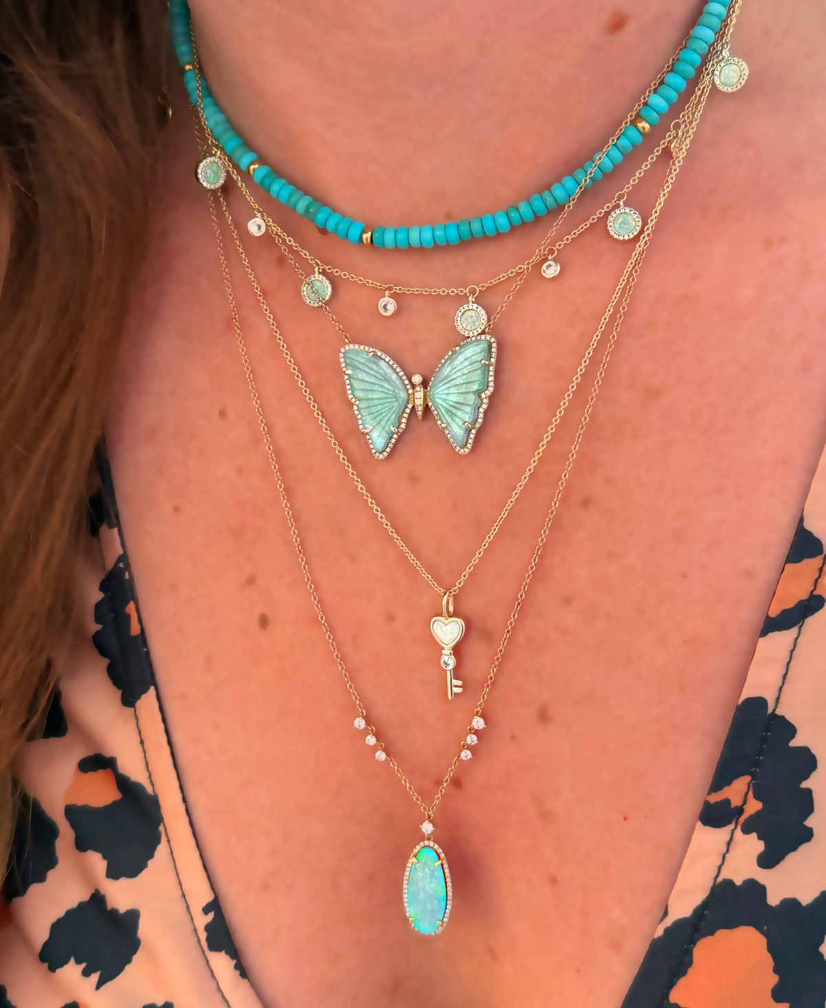 Opal Key Heart Charm Necklace