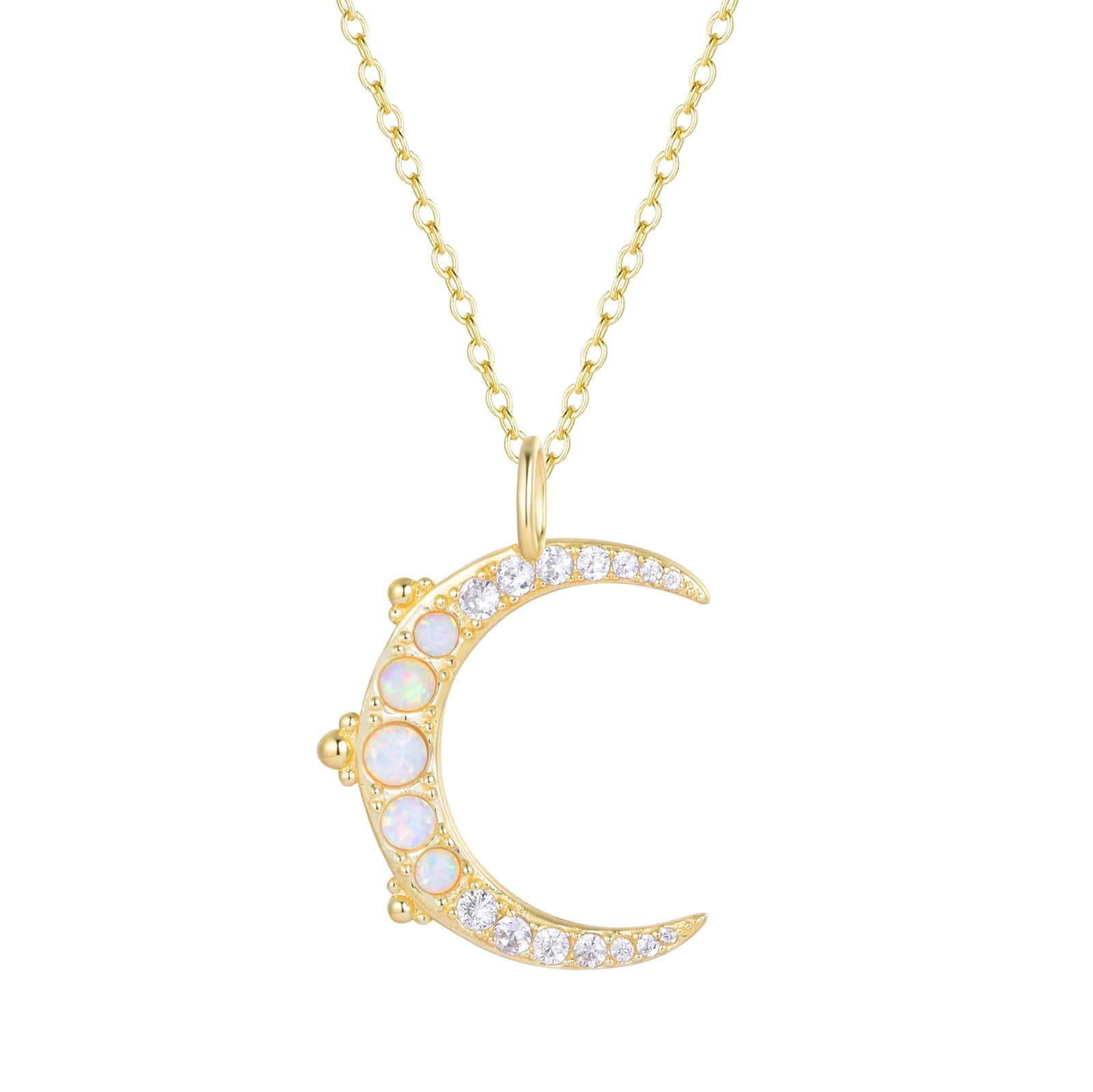 opal crescent moon necklace with crystals white opal gold