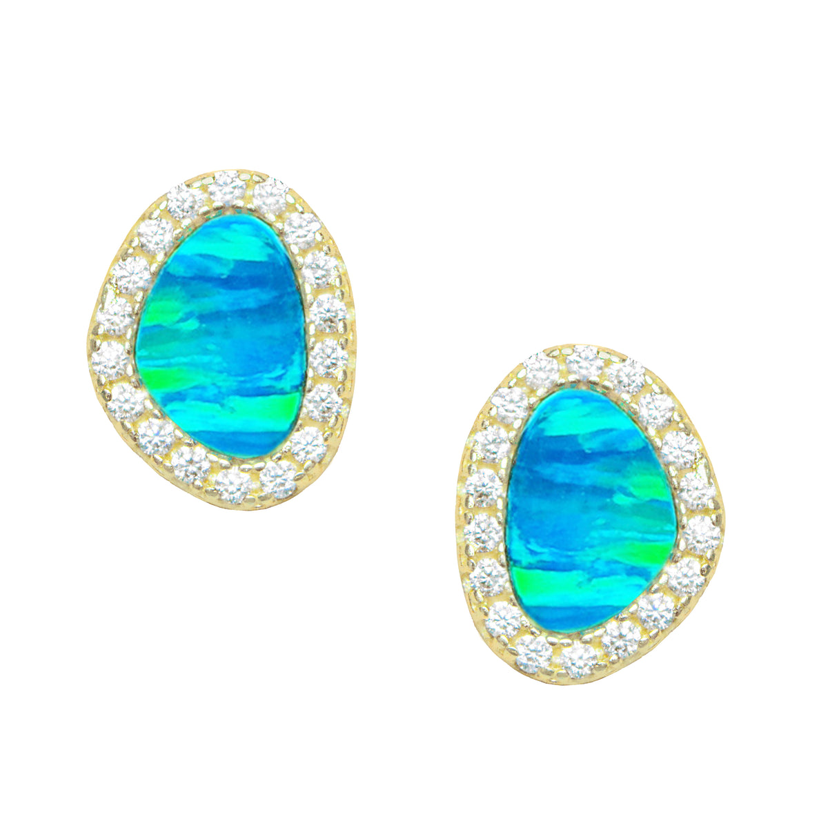 Opal pebble stud earrings blue green gold