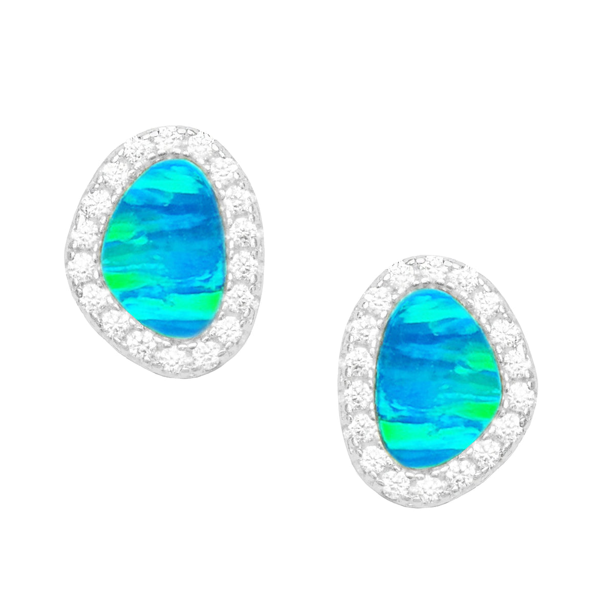 Opal pebble stud earrings blue green silver