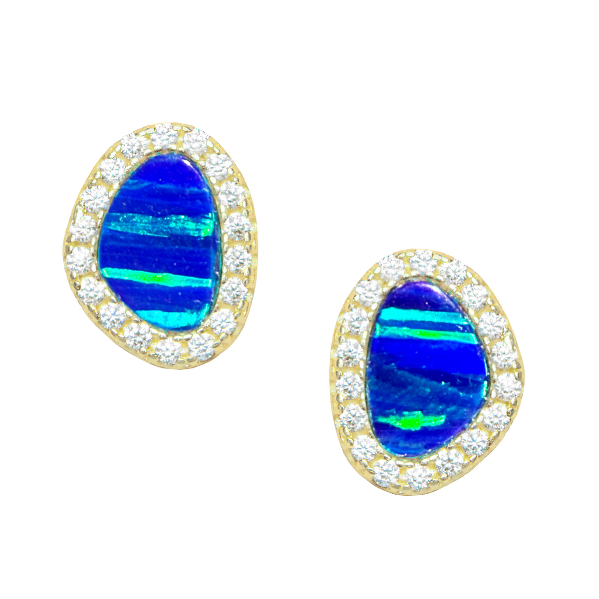 Opal pebble stud earrings indigo blue gold