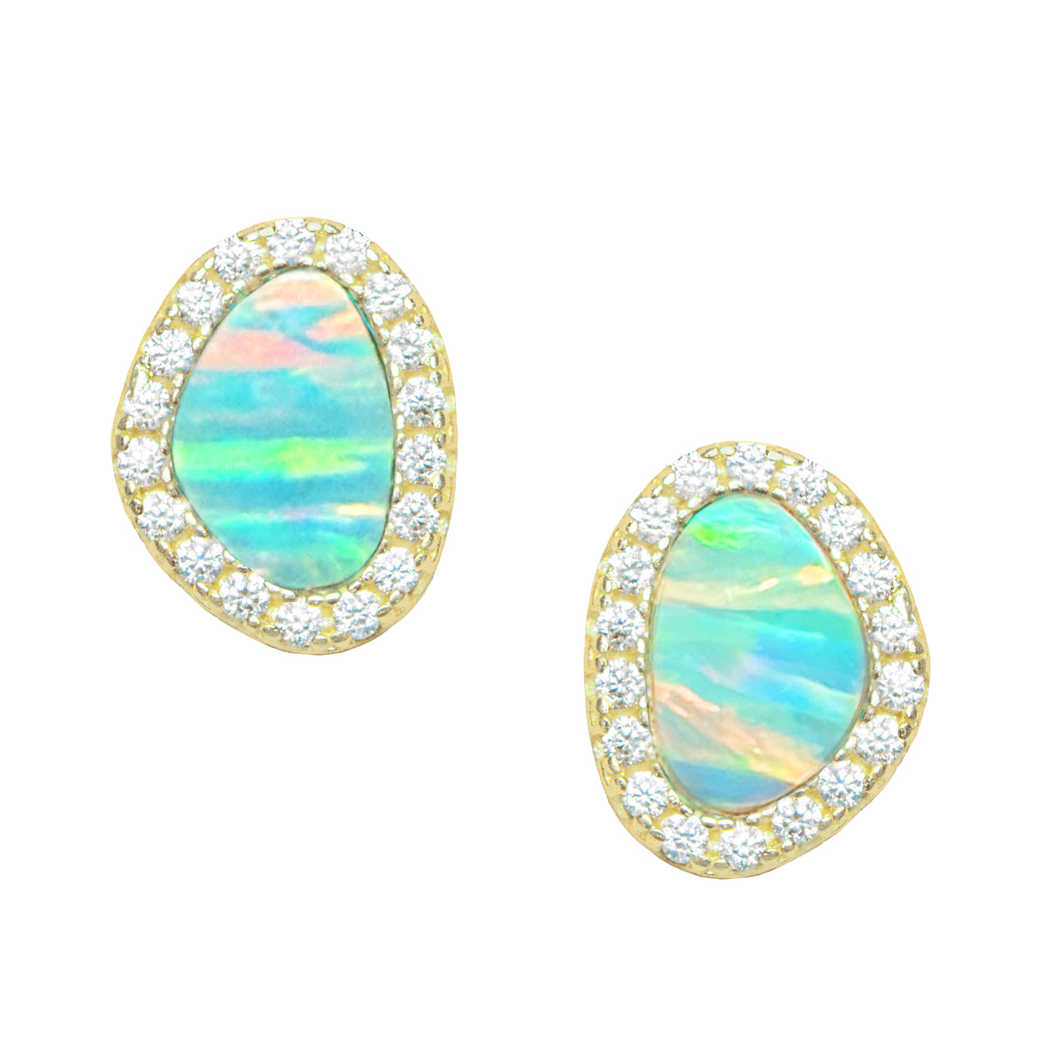 Opal pebble stud earrings light green gold