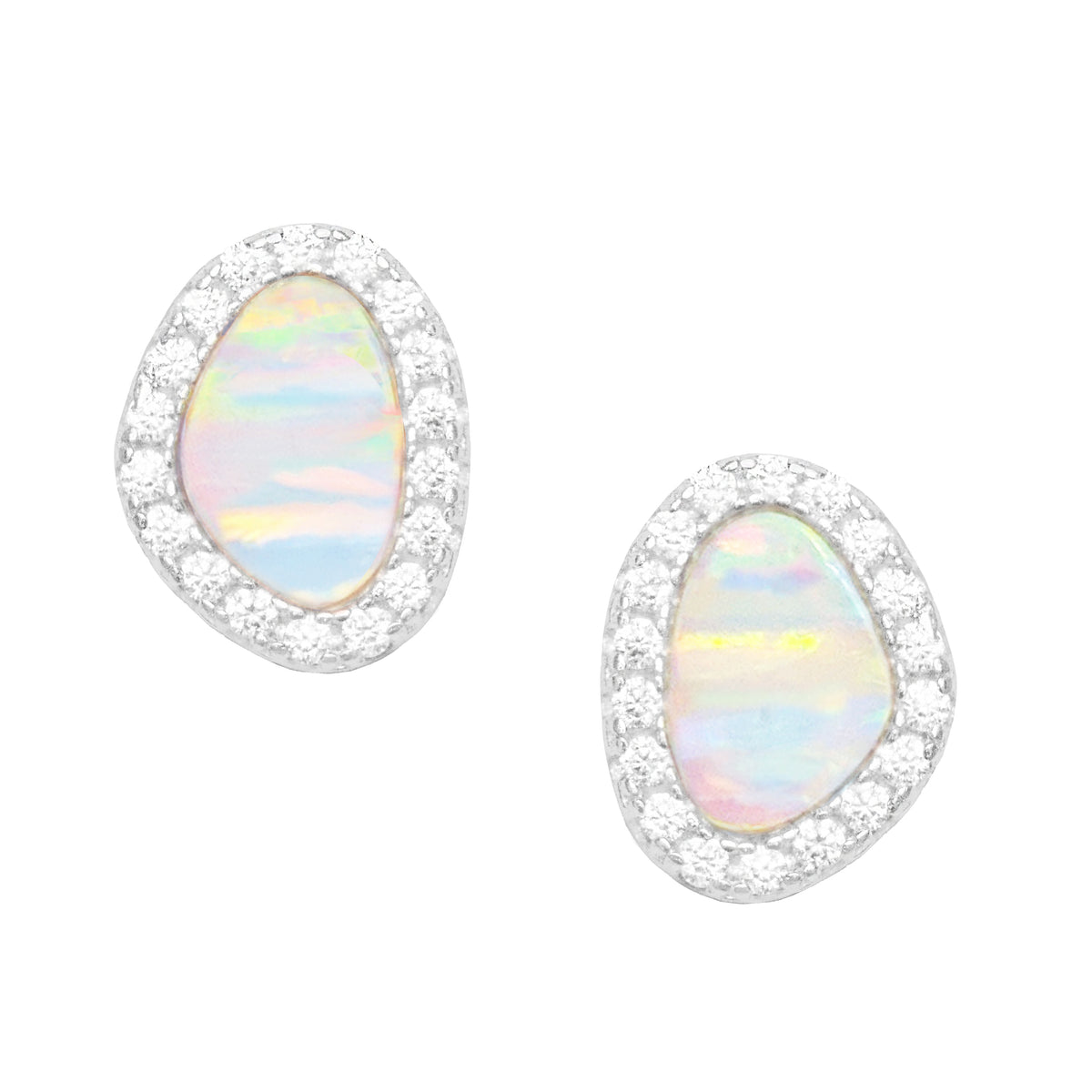 Opal pebble stud earrings white silver