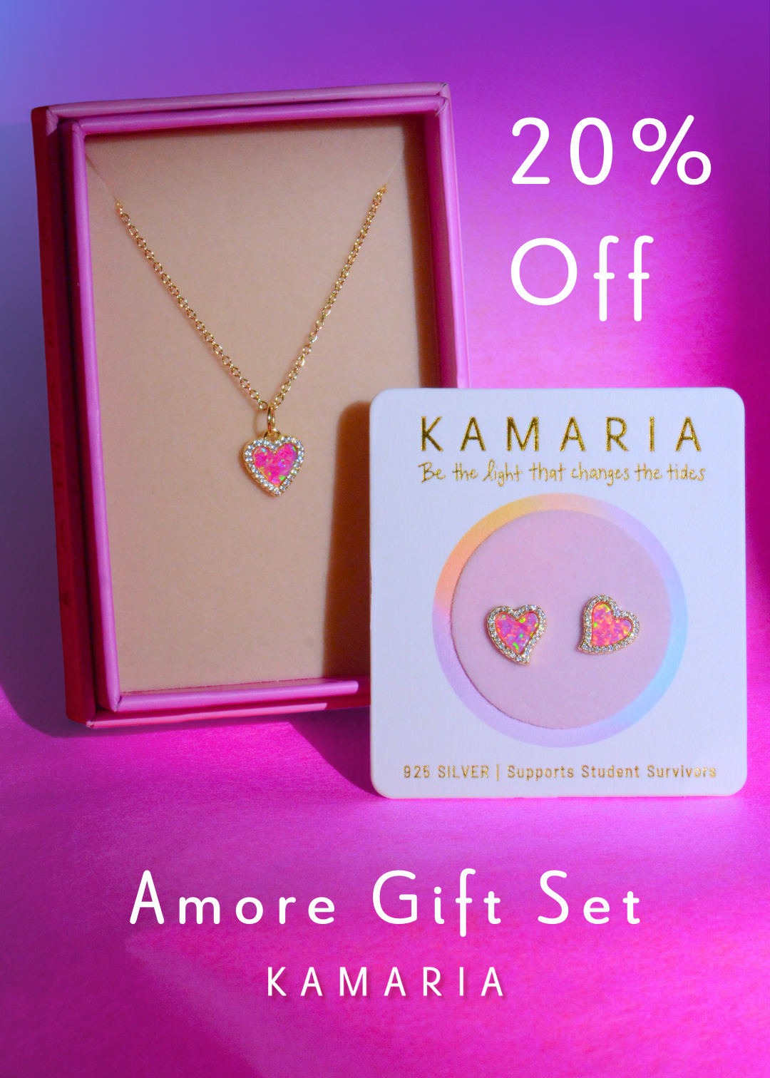 Kamaria Amore gift set with necklace and earrings on a pink background, featuring a 20% off discount.