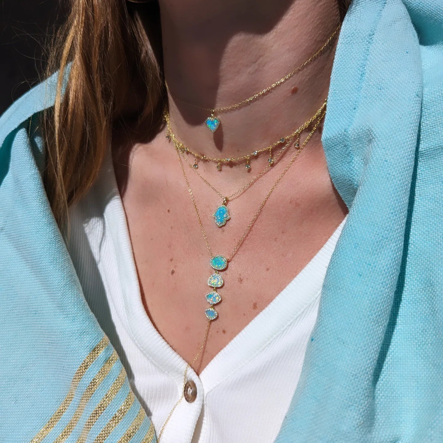 Hamsa Hand White Opal Necklace in Gold