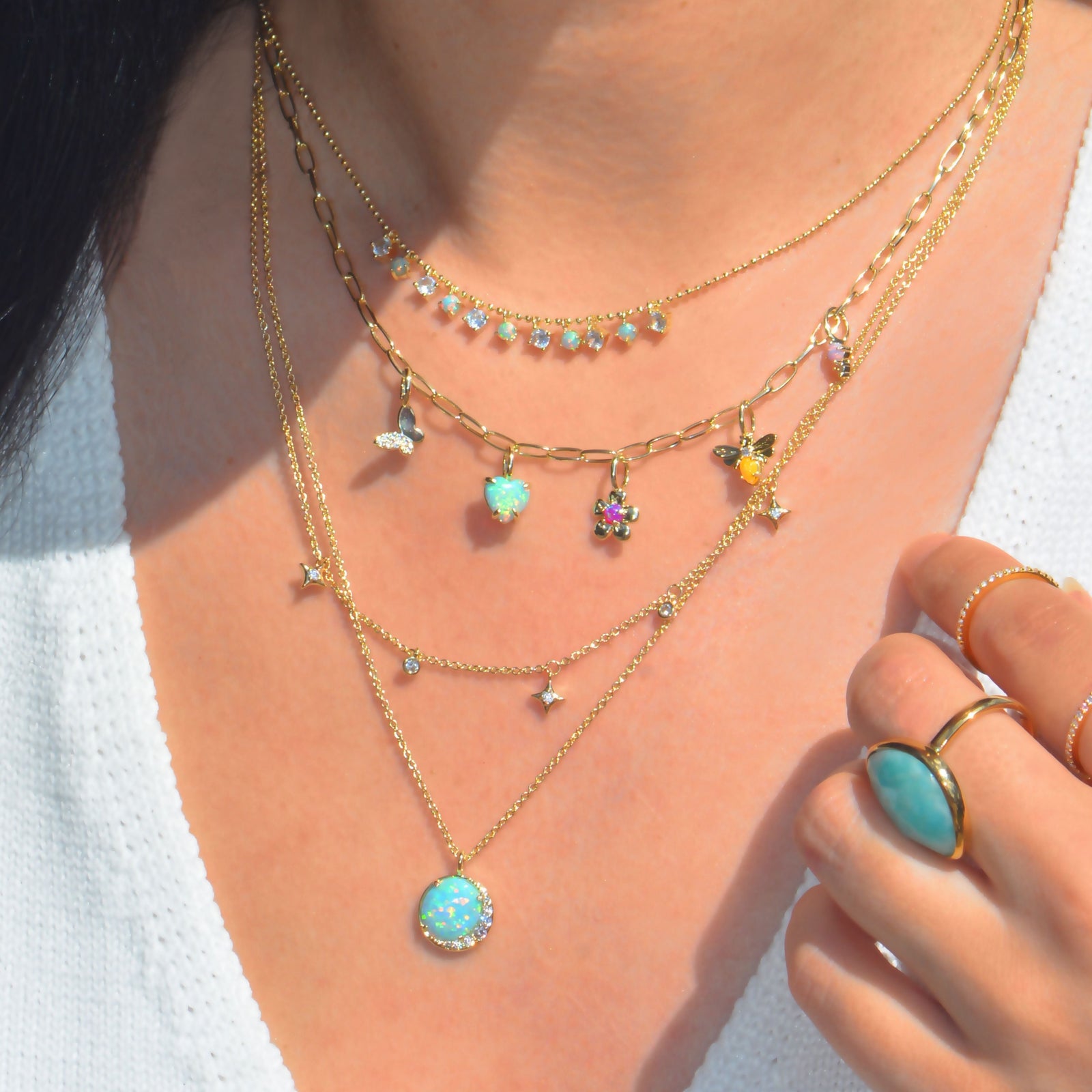 Opal Moon and Star Charm Double Layering Necklace