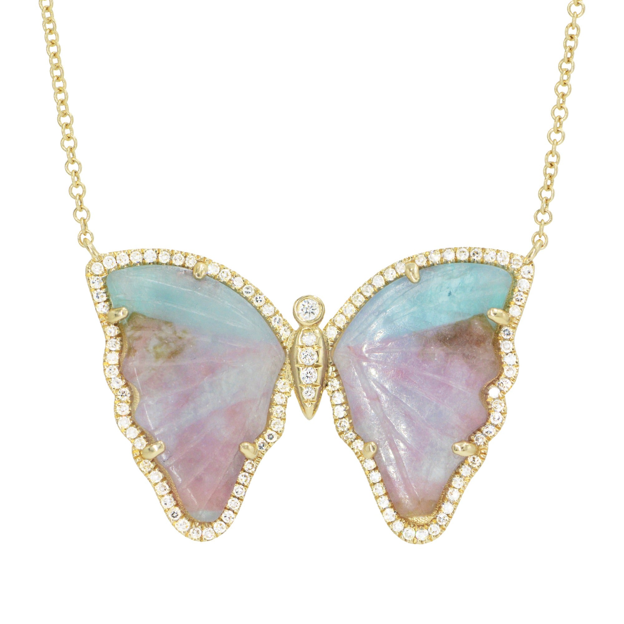 paraiba blue and purple tourmaline butterfly necklace with diamonds