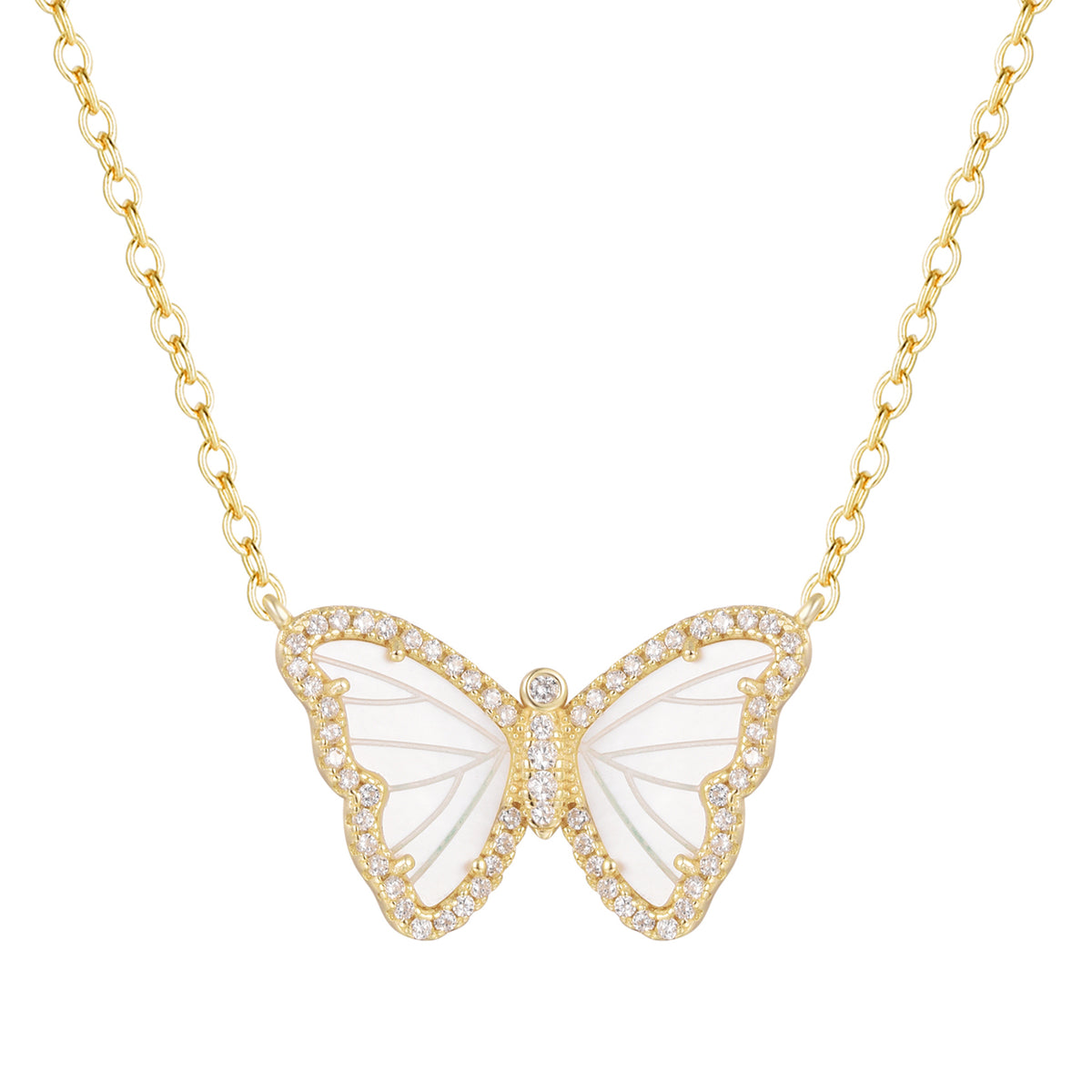 White Pearl Butterfly Necklace With Crystals
