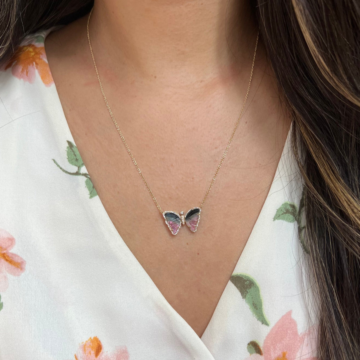 Pink and Black Tourmaline and Pearl Butterfly Necklace with Diamonds