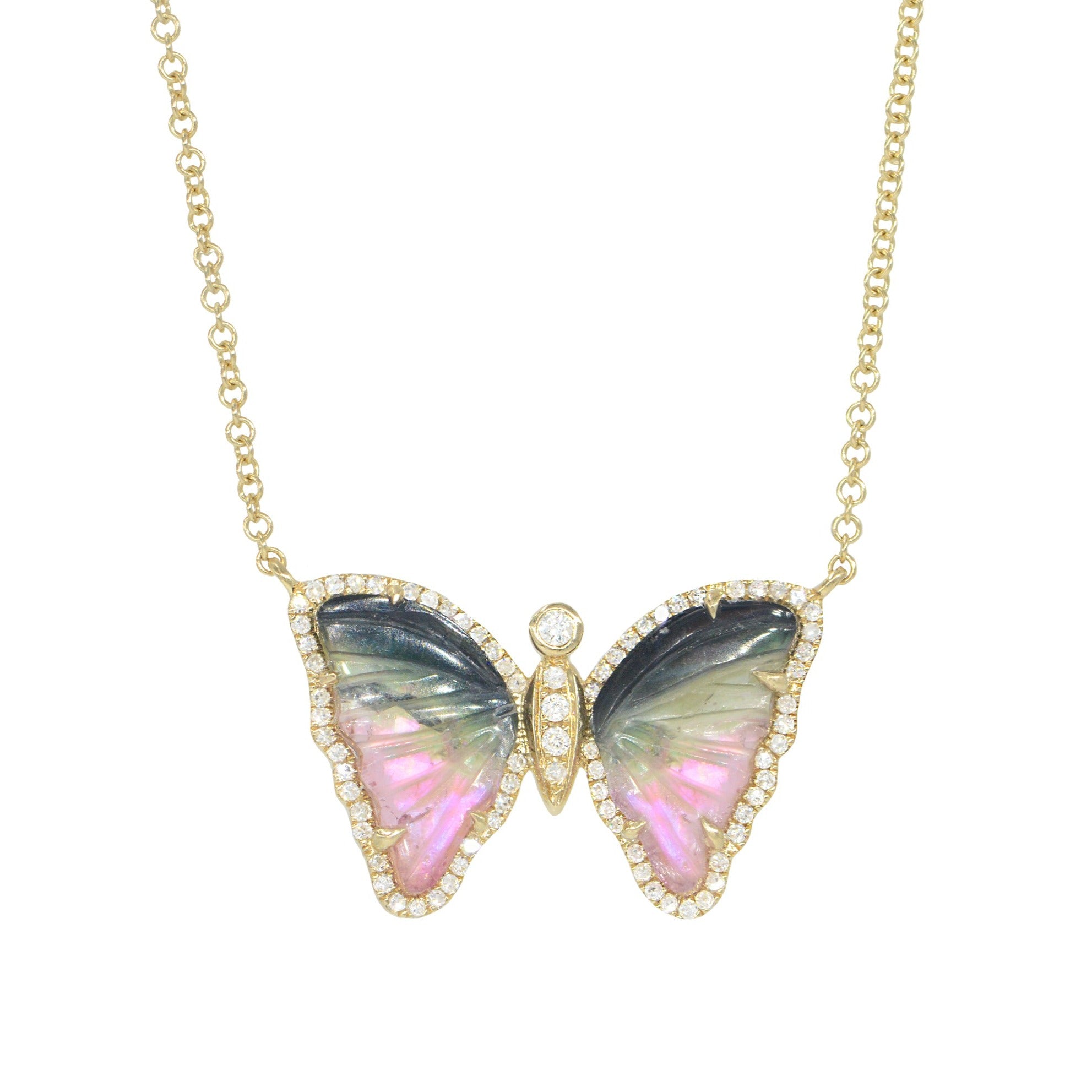 Pink and Black Tourmaline and Pearl Butterfly Necklace with Diamonds