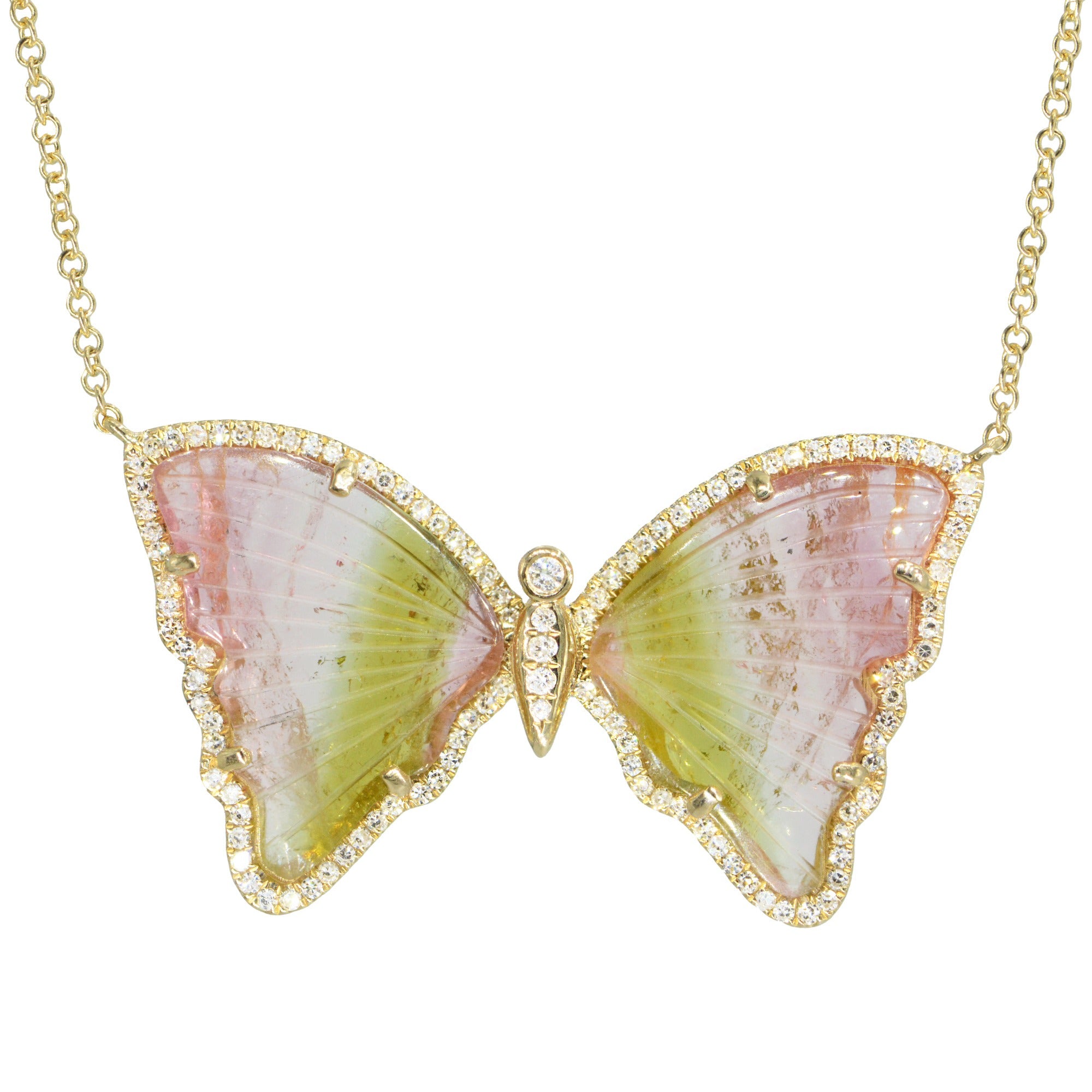 pink and green watermelon tourmaline butterfly necklace with diamonds