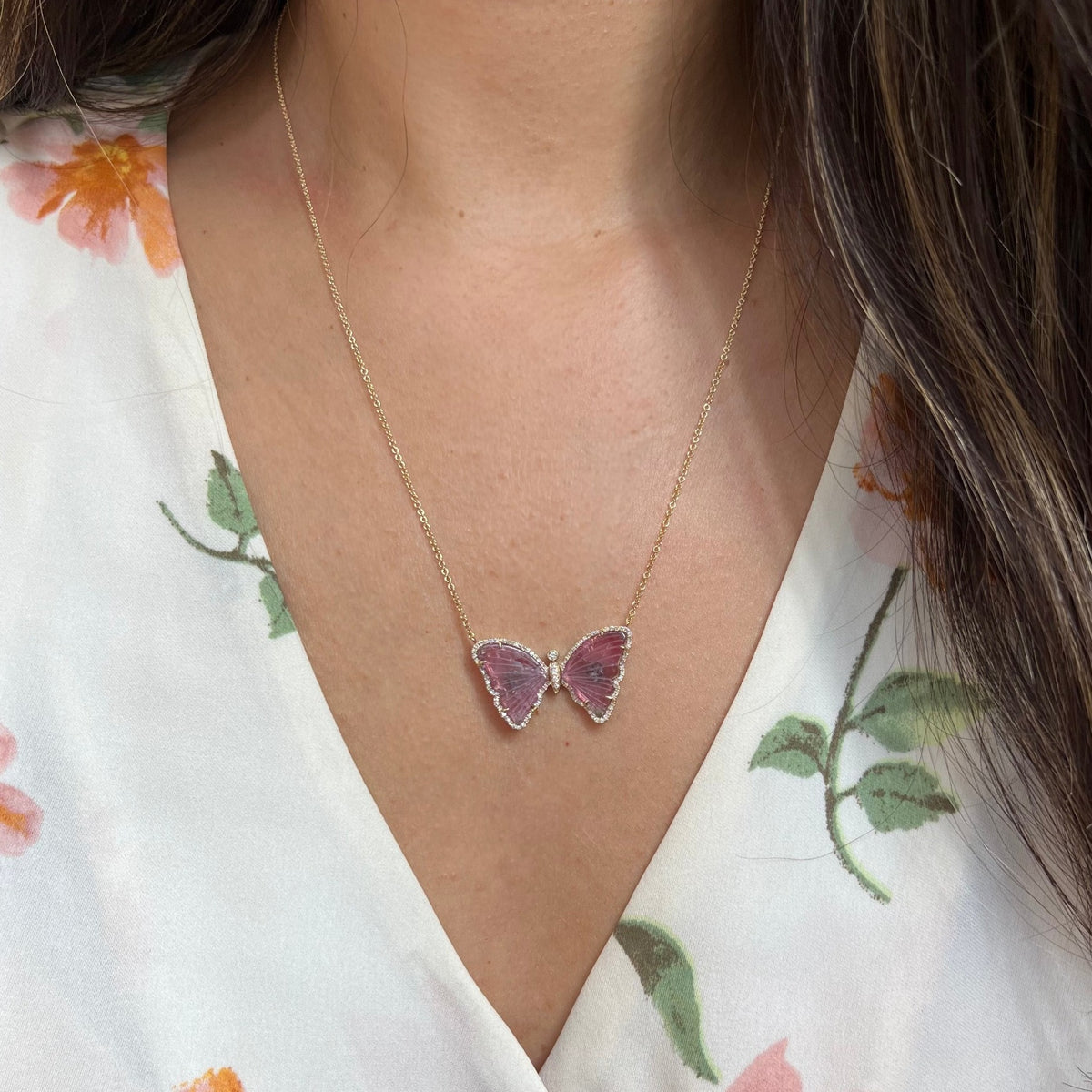 pink and mauve tourmaline butterfly necklace with diamonds