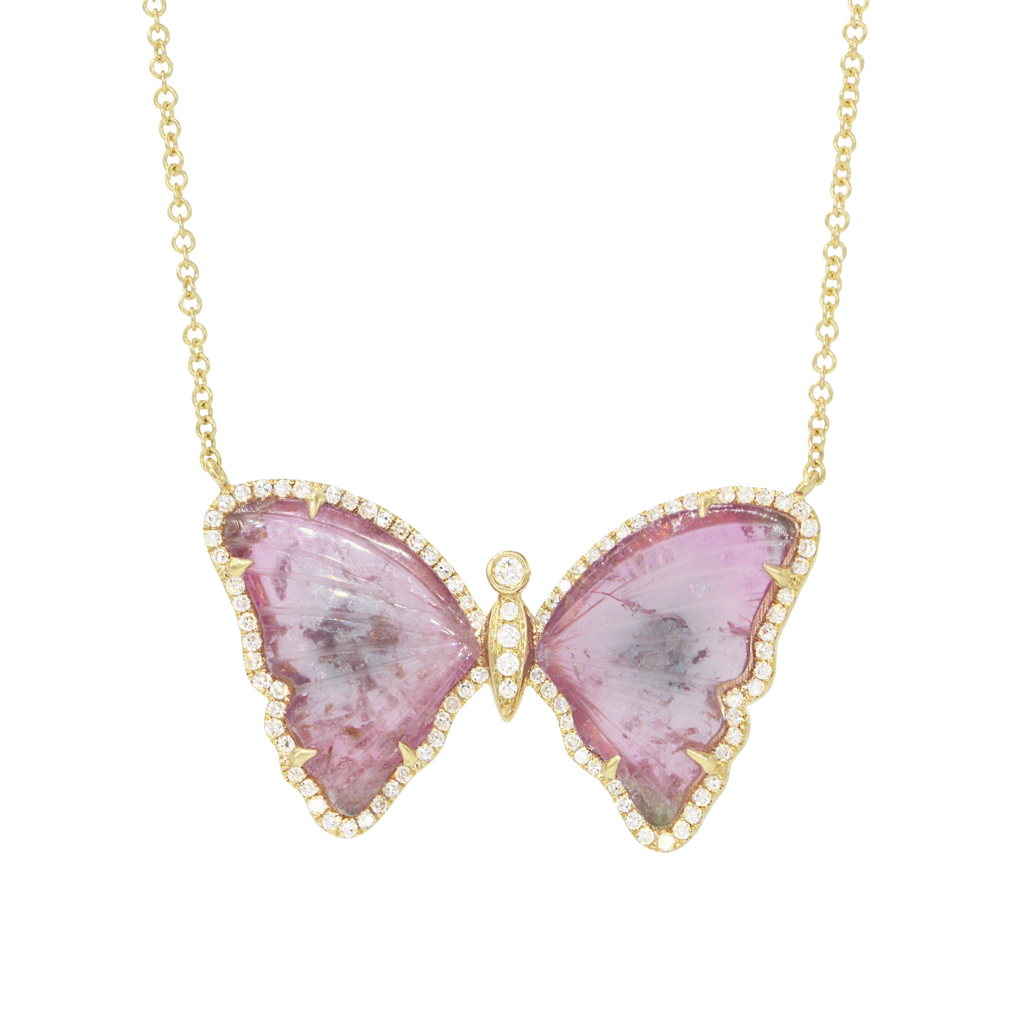 pink and mauve tourmaline butterfly necklace with diamonds