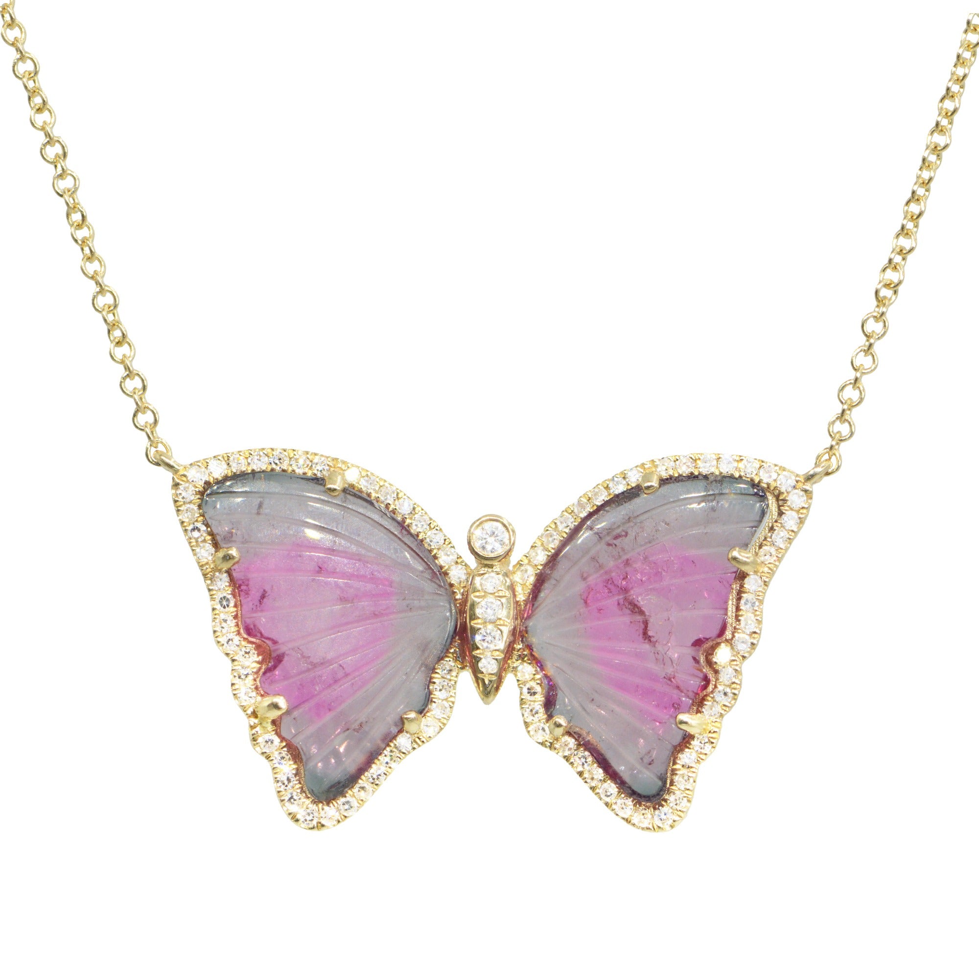 pink and purple mauve tourmaline butterfly necklace with diamonds