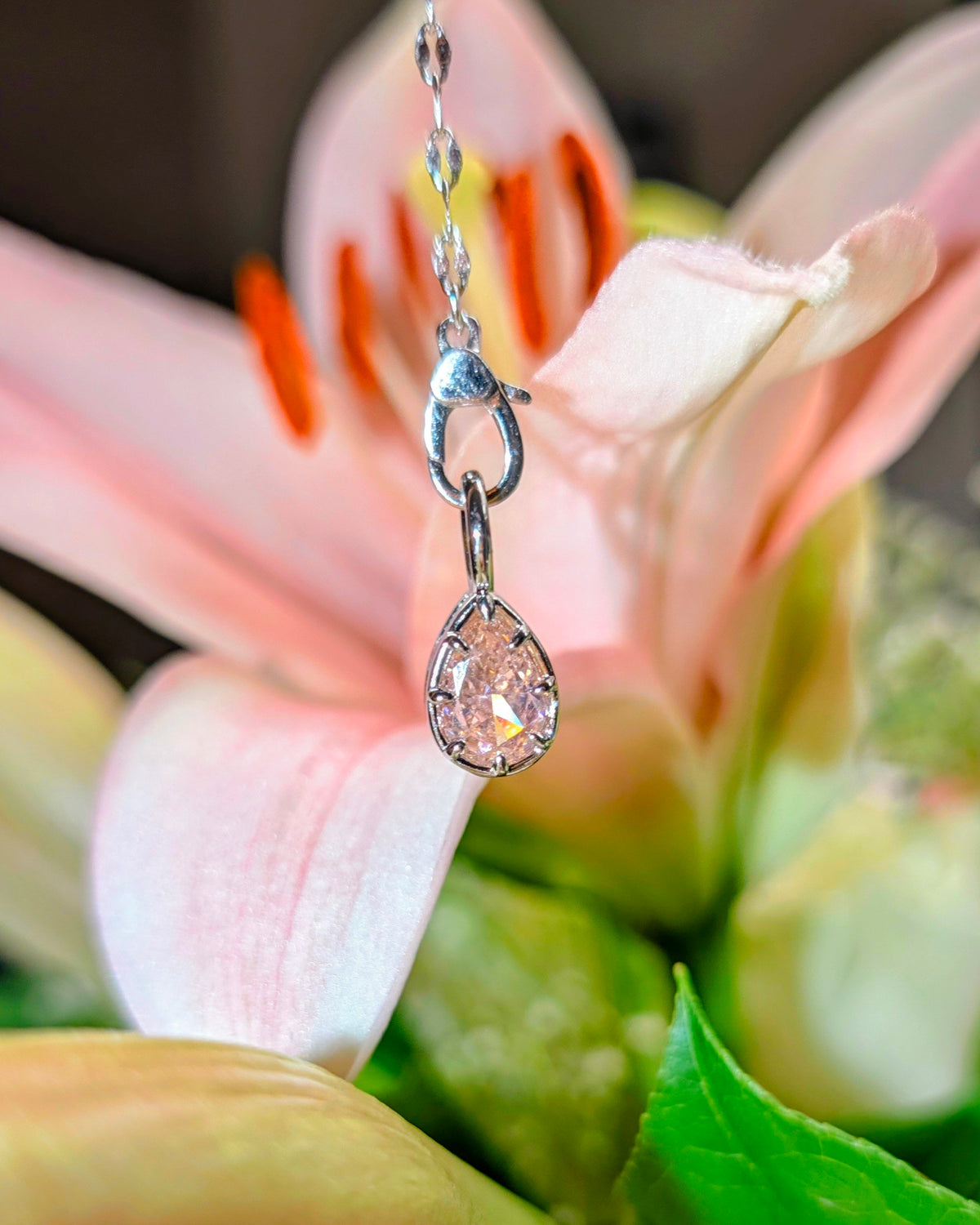 Pink Crushed Ice Teardrop Pear Pendant With Prongs