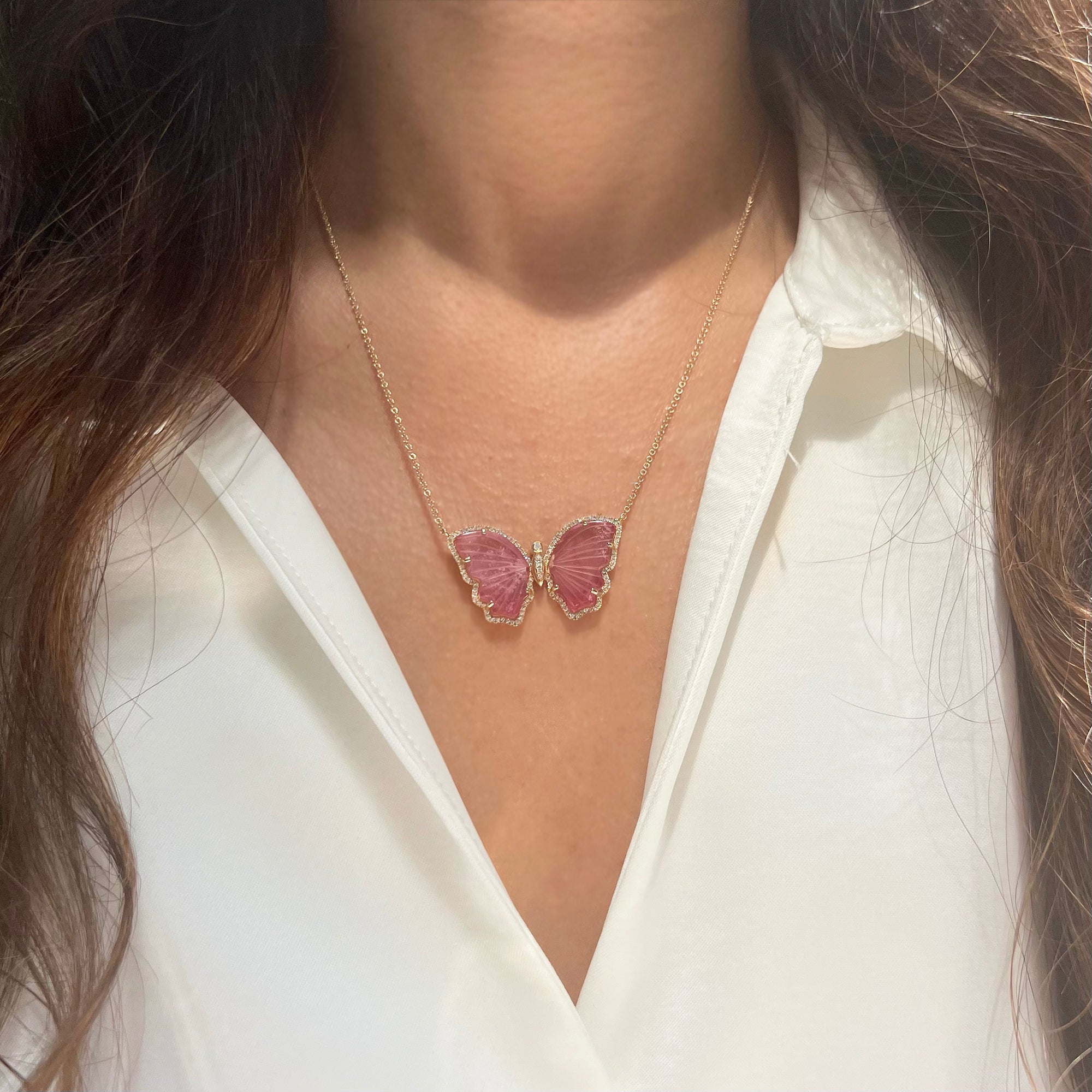 pink tourmaline butterfly necklace with diamonds