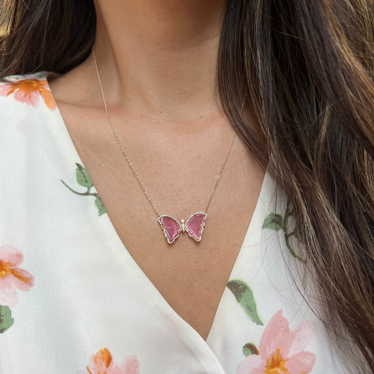 pink tourmaline butterfly necklace with diamonds