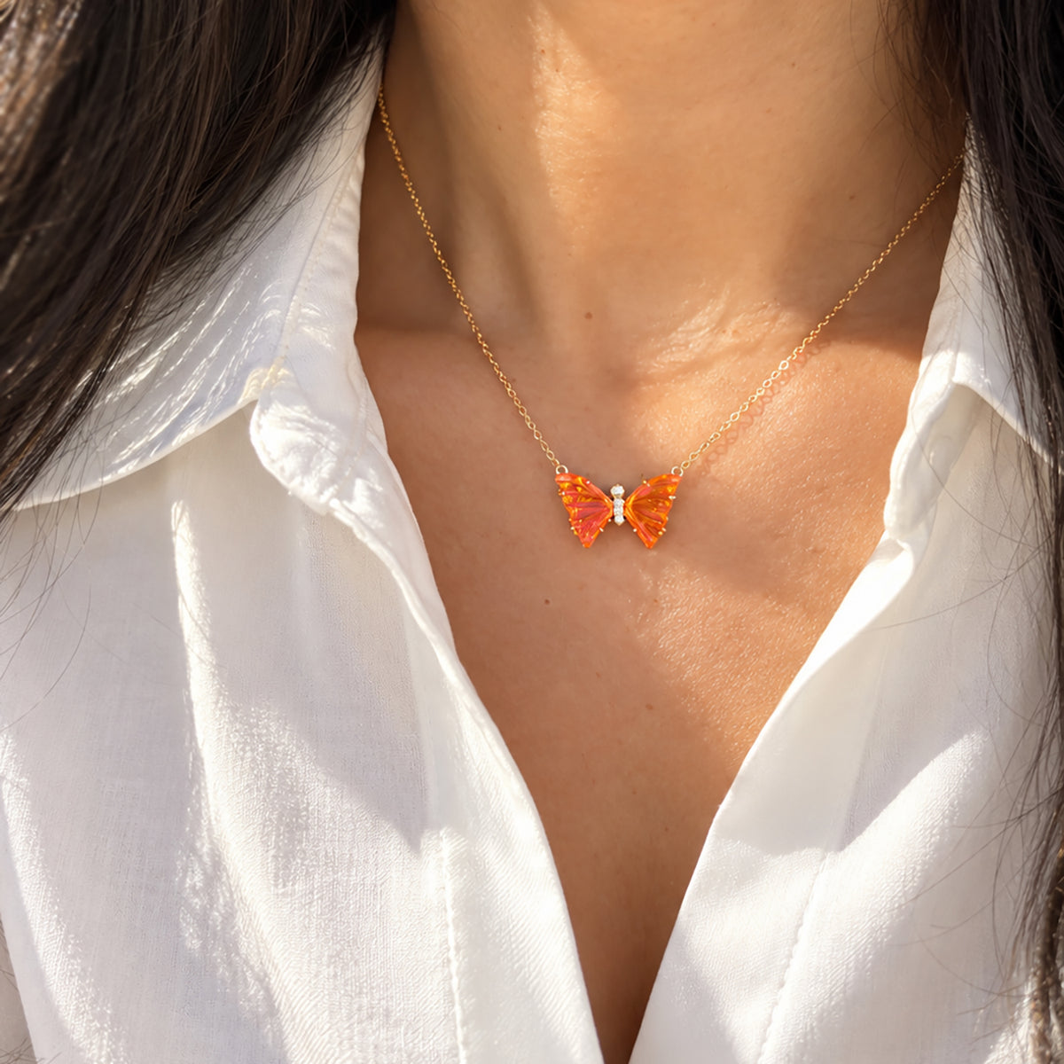 Prism Opal Butterfly Necklace With Prongs Mexican Orange Fire Opal