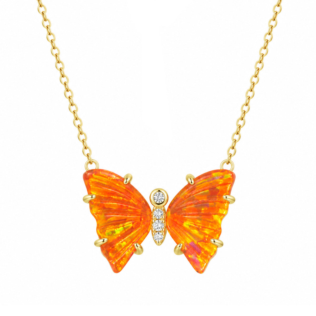 Prism Opal Butterfly Necklace With Prongs Mexican Orange Fire Opal