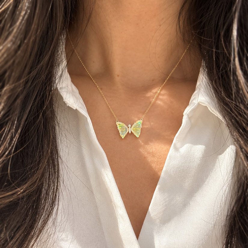Prism Opal Butterfly Necklace With Prongs white rainbow prism