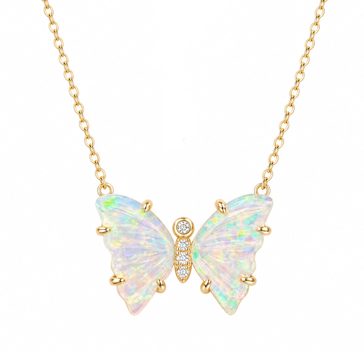 Prism Opal Butterfly Necklace With Prongs white rainbow opal