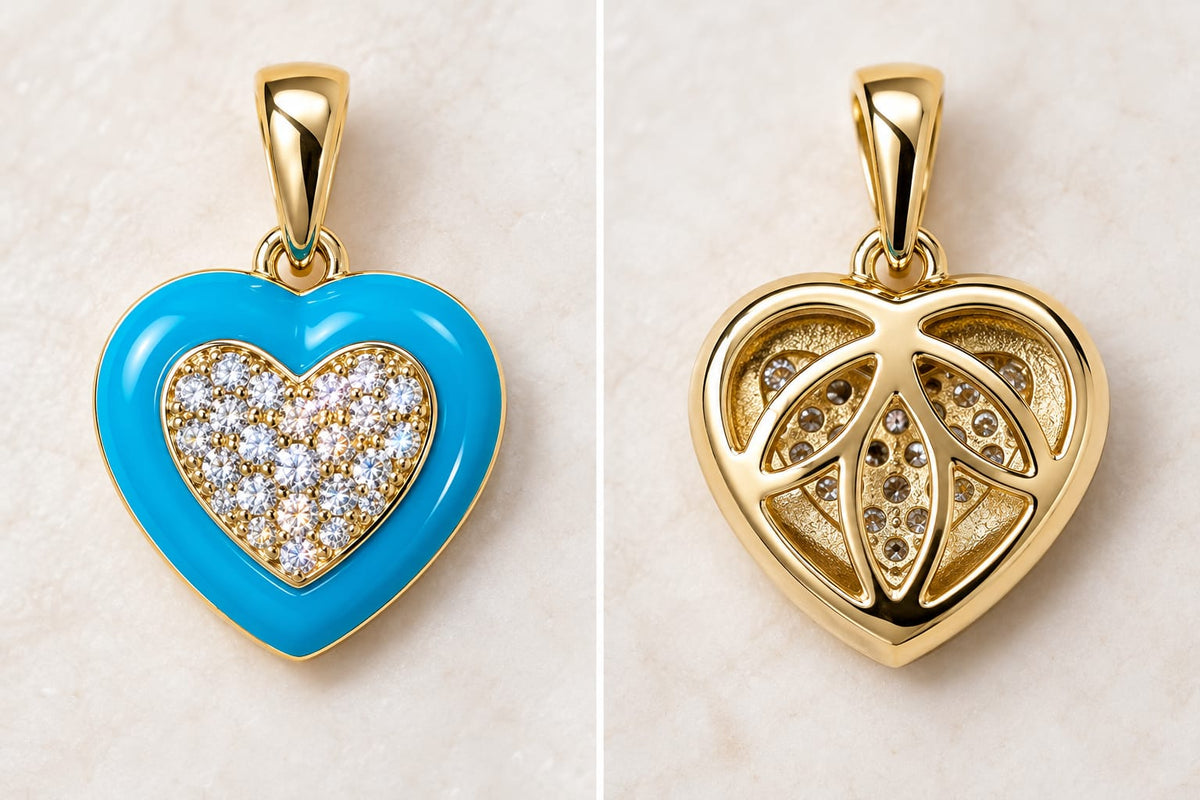 Blue Enamel Puffy Heart Pendant with Crystals