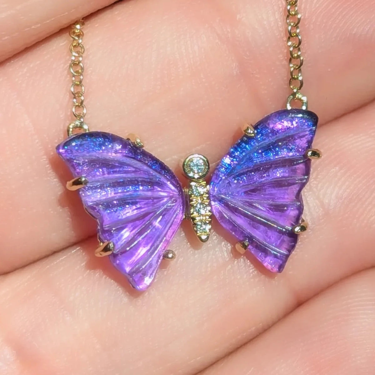 Vivid Purple Amethyst Butterfly Necklace with Diamonds and Prongs