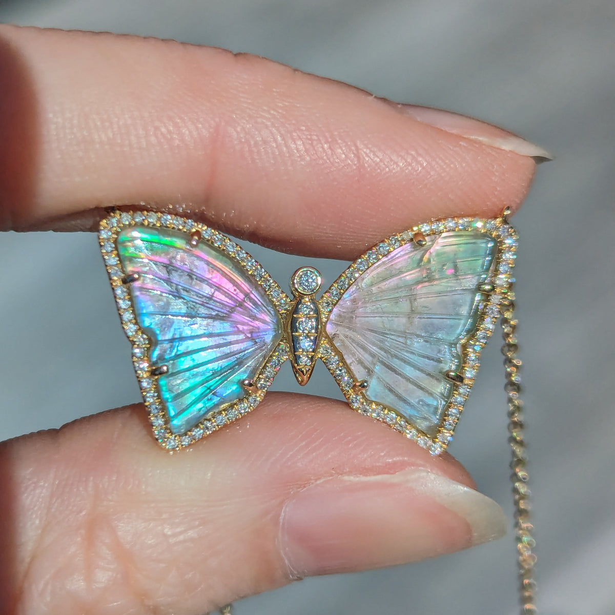 rainbow mystic pearl tourmaline butterfly necklace with diamonds