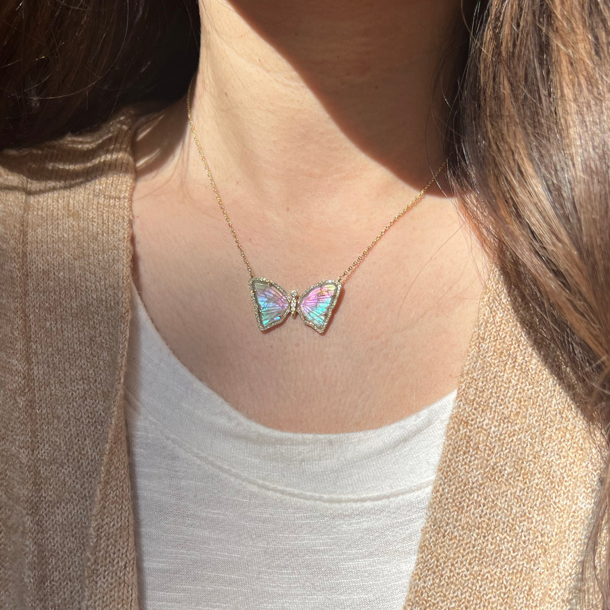rainbow mystic pearl tourmaline butterfly necklace with diamonds