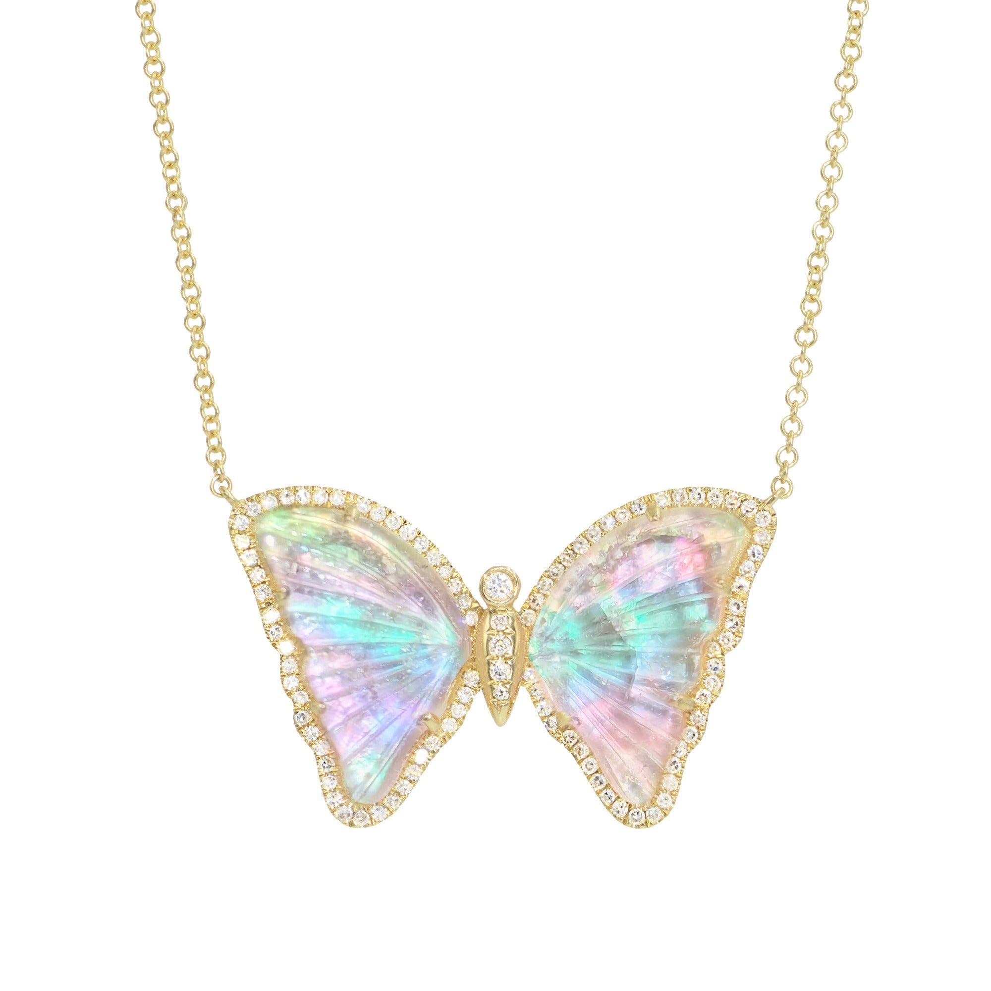 rainbow pearl tourmaline butterfly necklace with diamonds