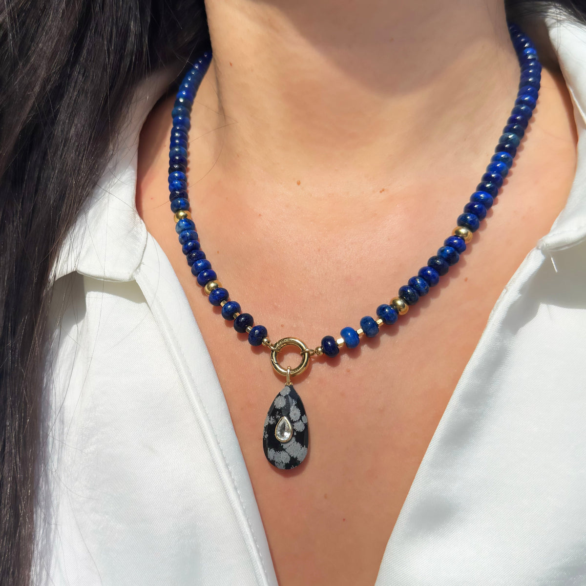 Snowflake Obsidian Gemstone Pendant With Topaz Blue Lapis Lifestyle