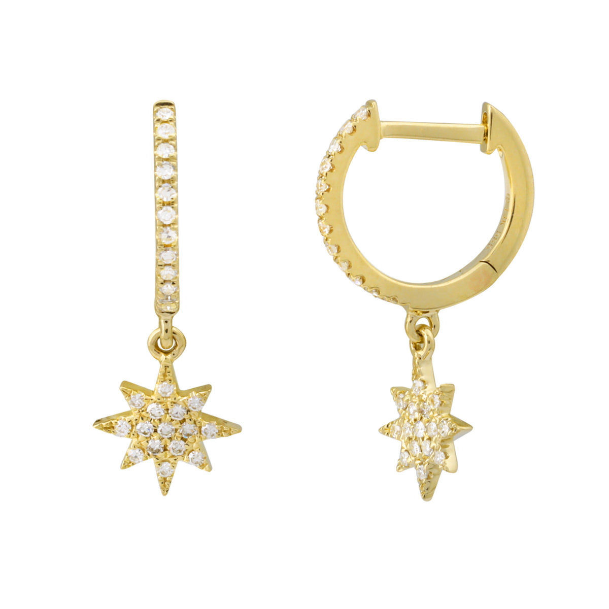 star dangle huggie earrings with diamonds