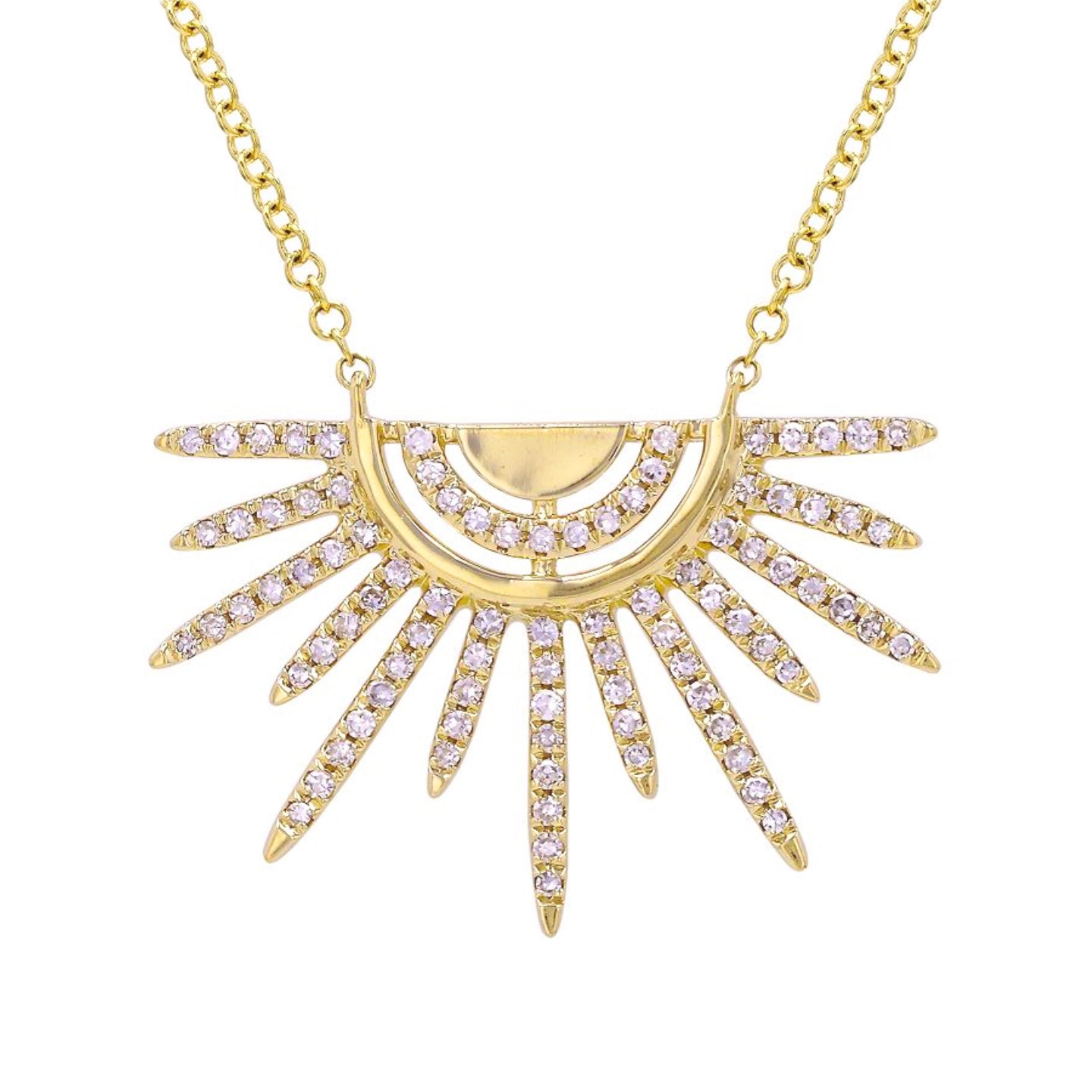 sunset necklace with diamonds in 14k with rays