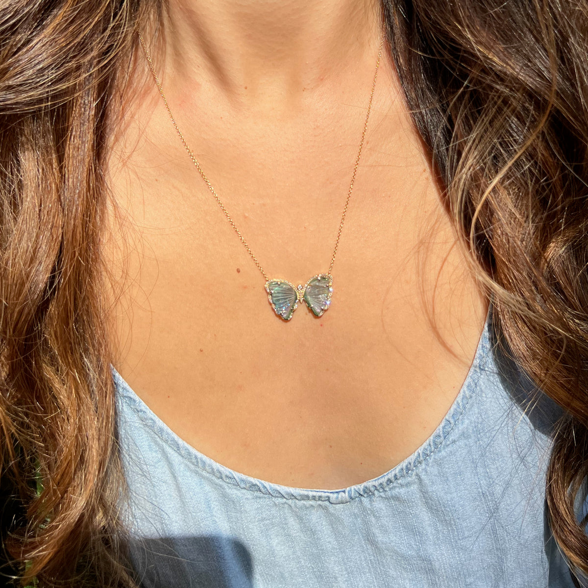 Teal Blue and Green Tourmaline Butterfly Necklace with Diamonds