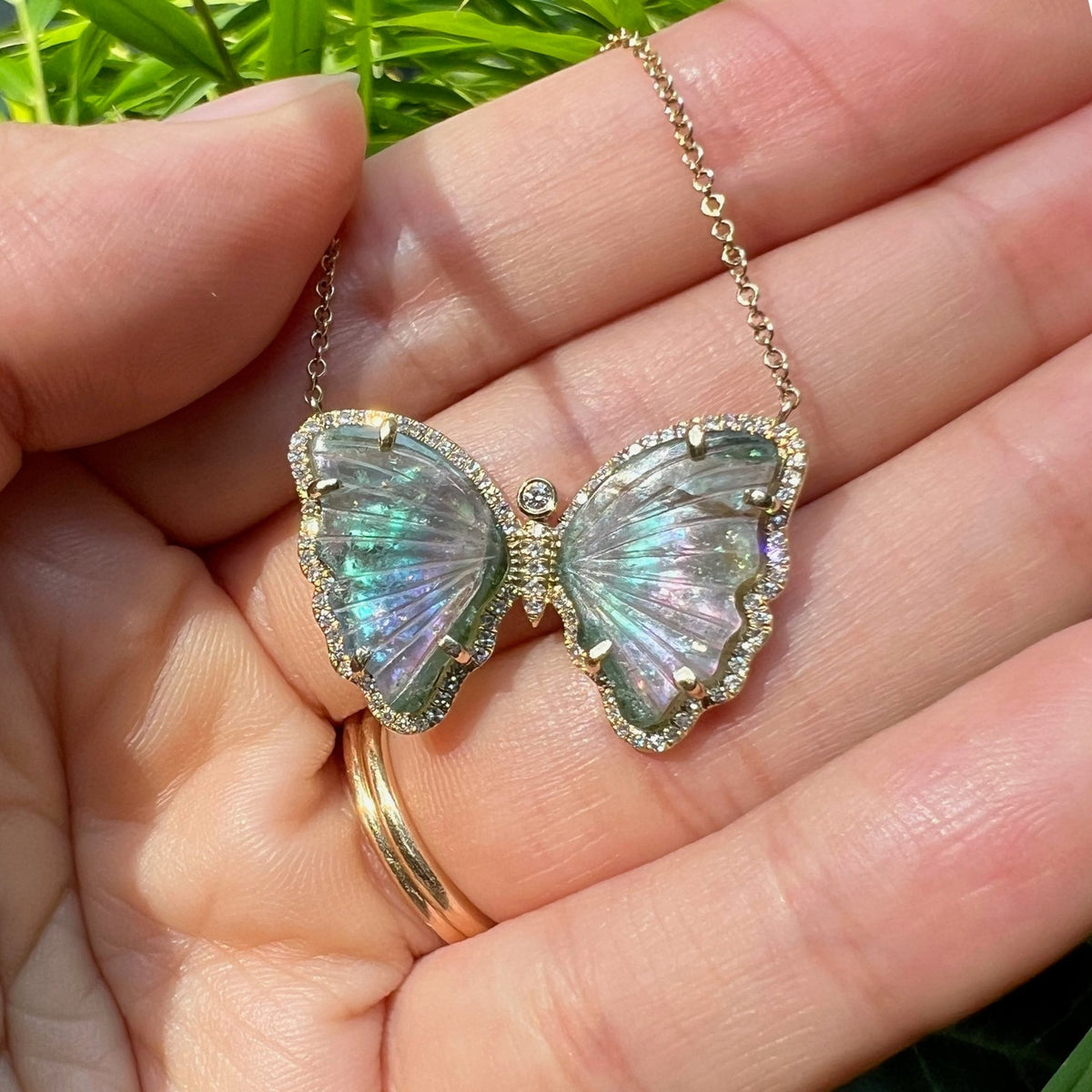 Teal Blue and Green Tourmaline Butterfly Necklace with Diamonds