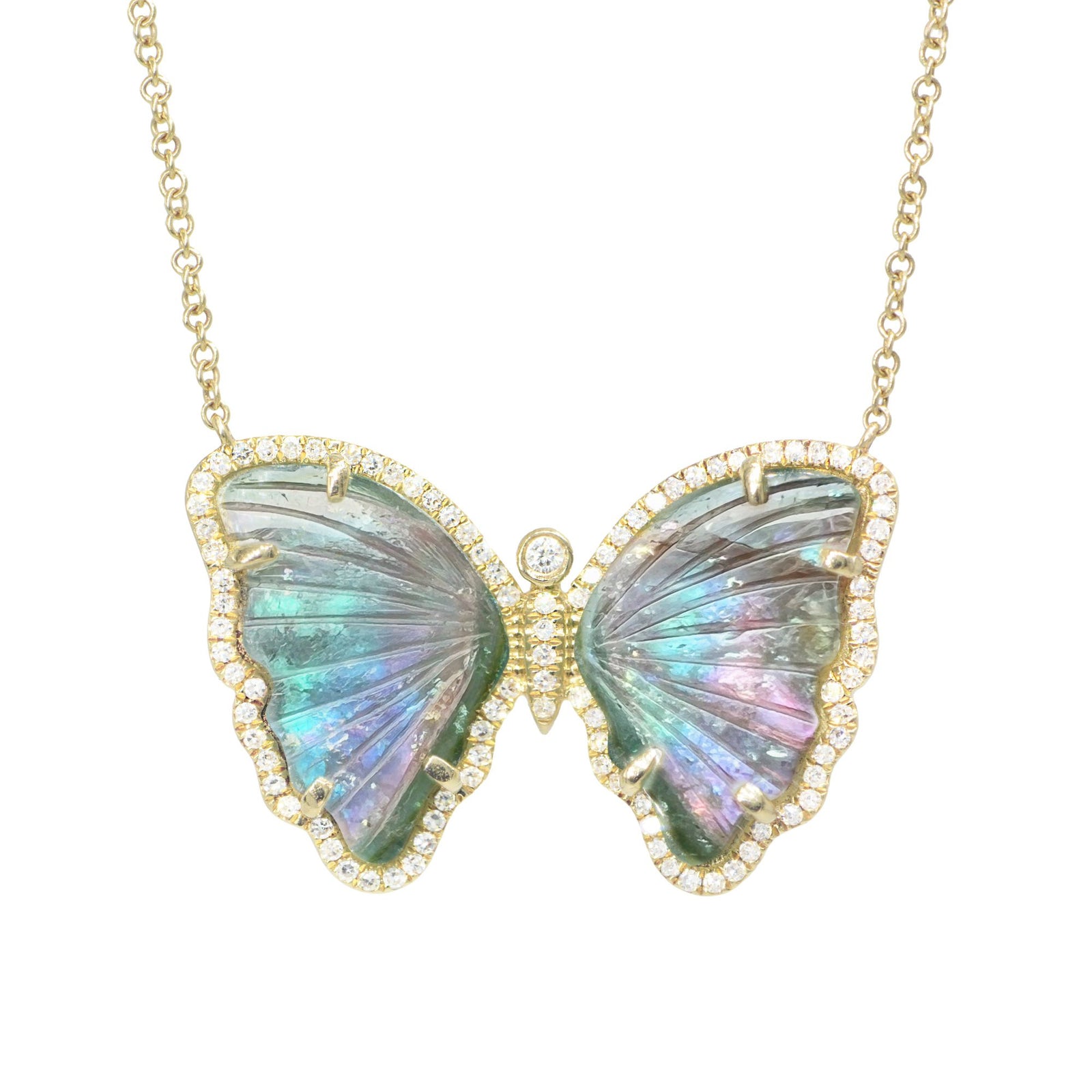 Teal Blue and Green Tourmaline Butterfly Necklace with Diamonds