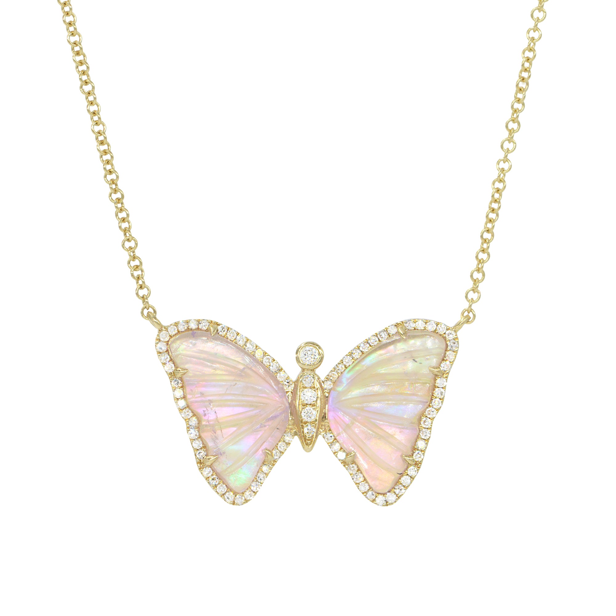 white topaz and pink pearl doublet butterfly necklace with diamonds