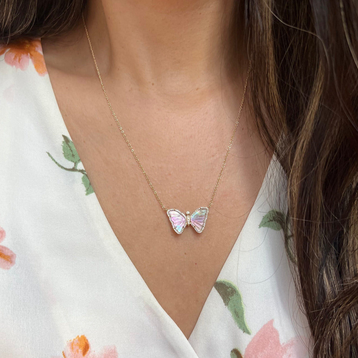 topaz pink pearl butterfly doublet necklace with diamonds