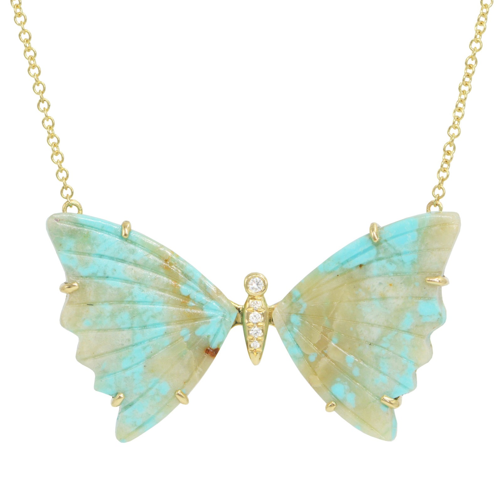 turquoise and tan butterfly necklace with prongs